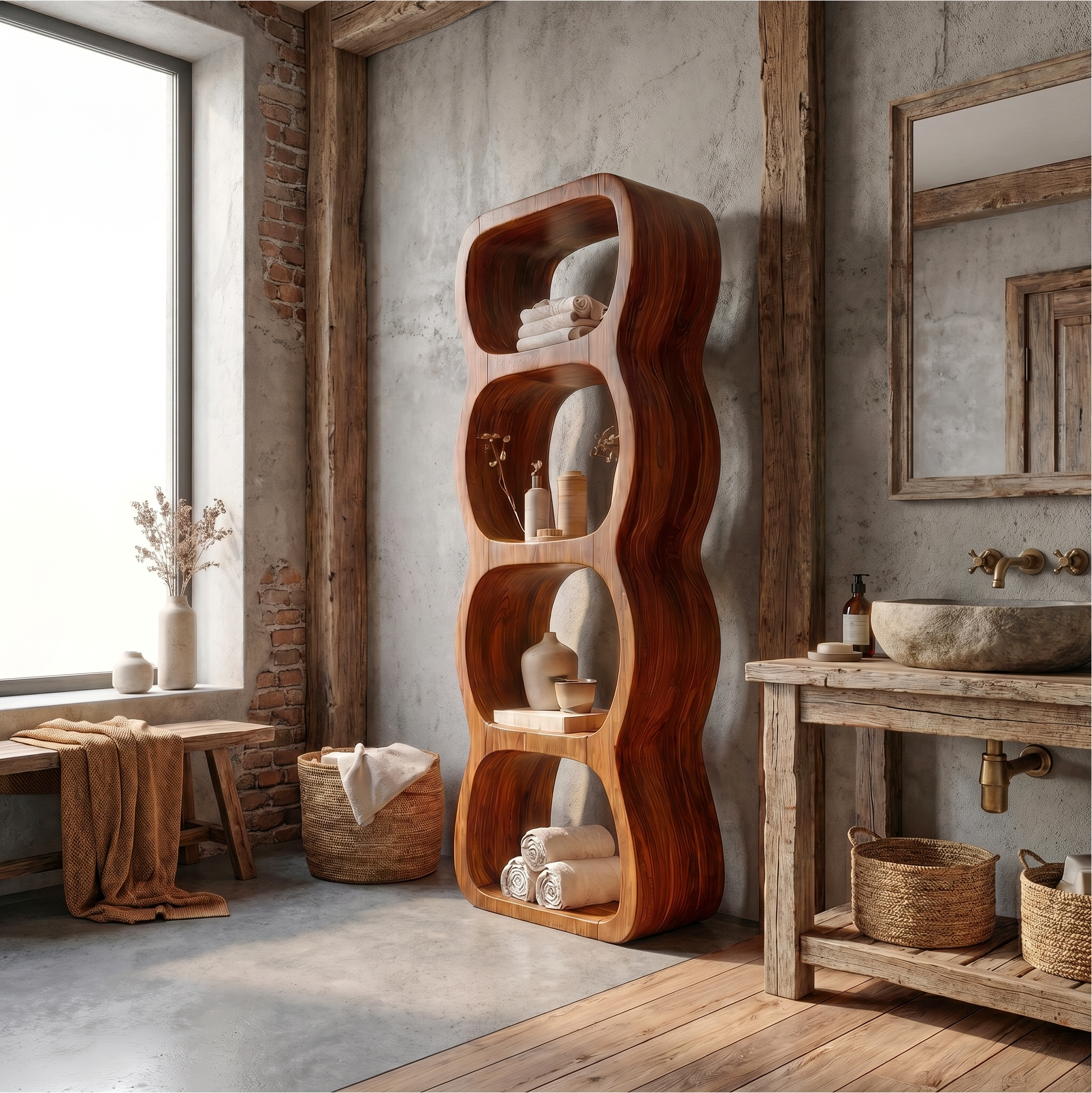 Rustic Bathroom Cabinet With Curved Wave Shape Design SINLSABCT031