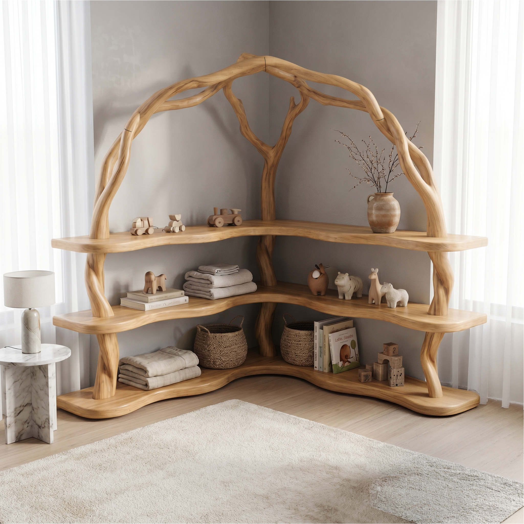 Organic Corner Bookcase With Natural Branch Frame Design For Living Room And Bedroom SINLSABS016