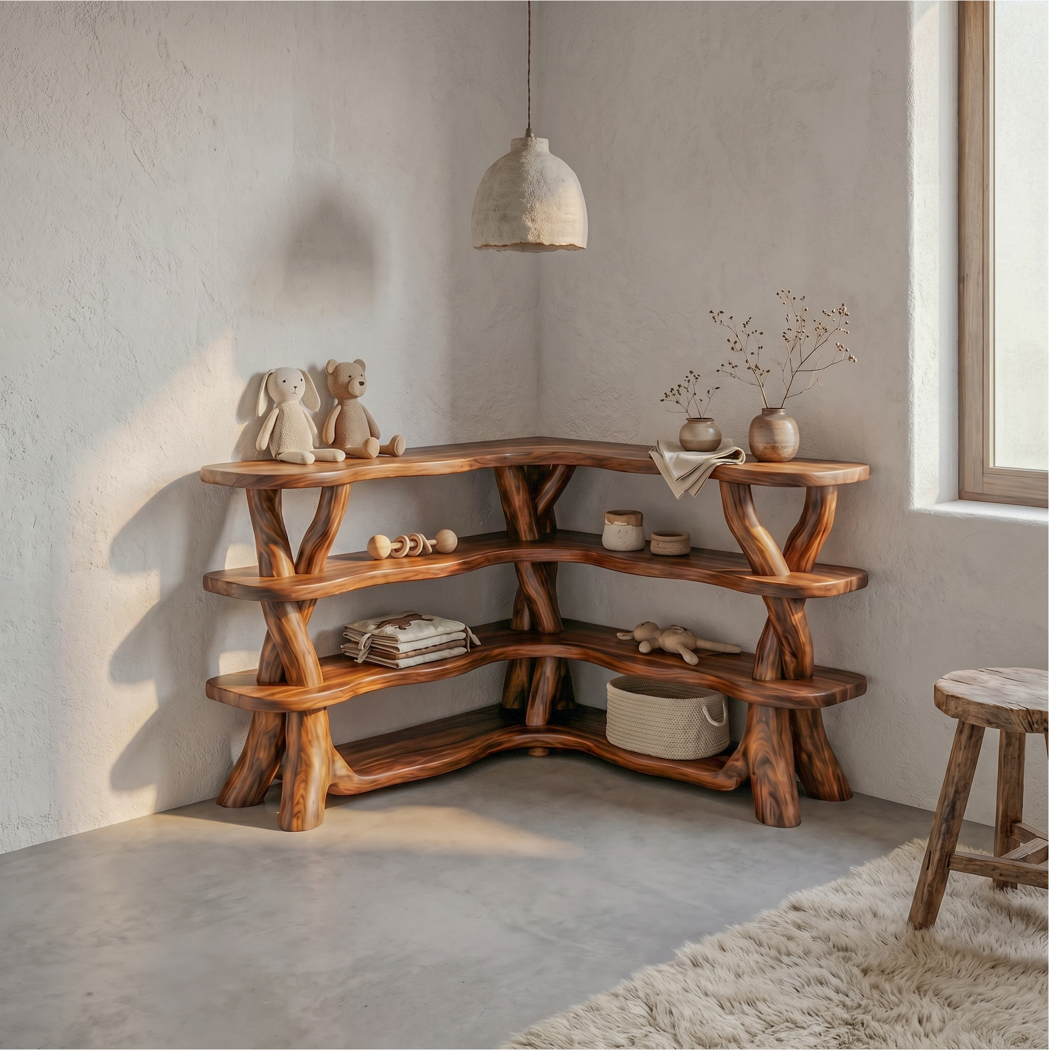 Rustic Organic Corner Bookshelf With Sculptural Tree Branch Shelves For Living Room And Bedroom SINLSABS017