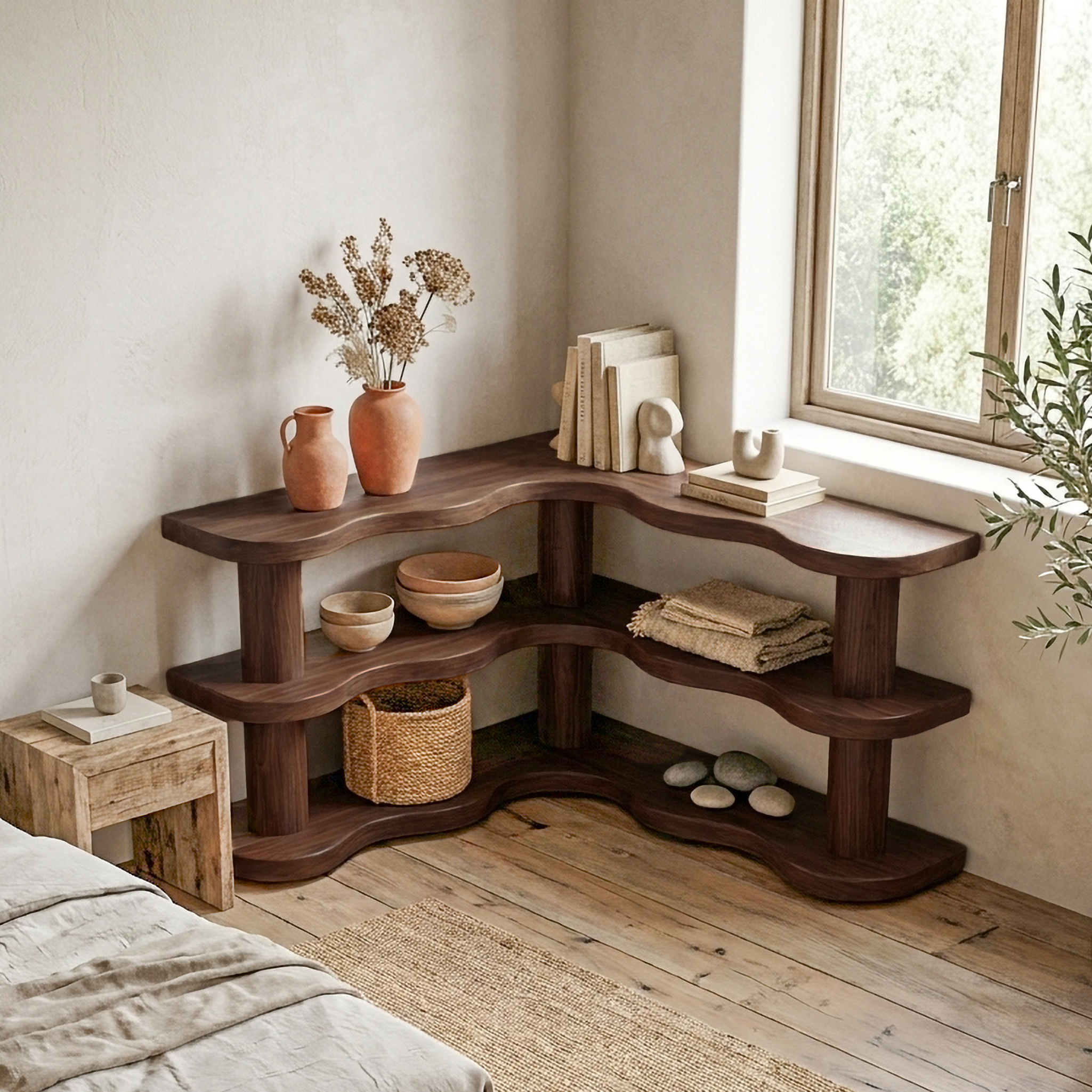 Rustic Modern Corner Bookshelf With Multi Tier Wooden Shelves For Living Room And Bedroom SINLSABS014