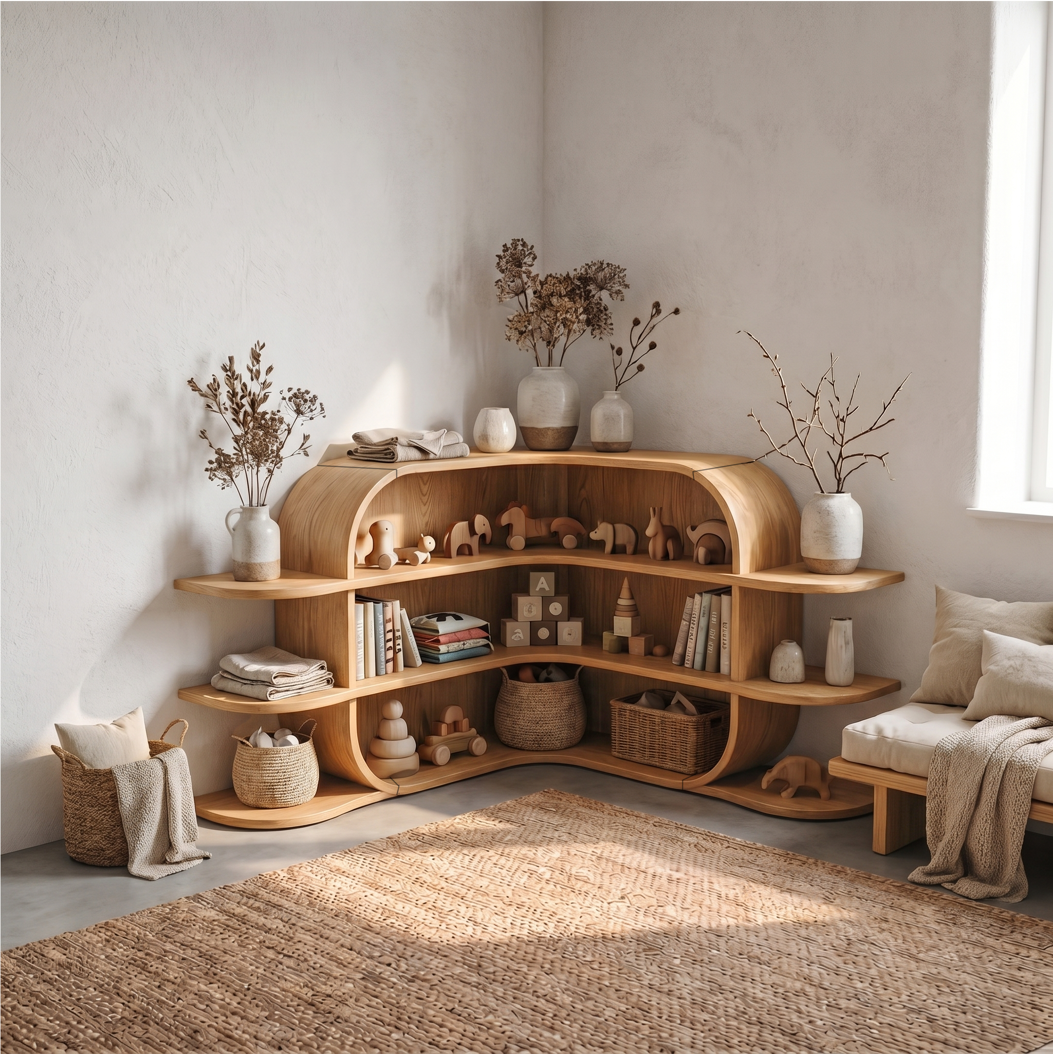 Scandinavian Arched Corner Bookshelf With Multi Tier Open Shelves For Living Room And Bedroom SINLSABS018