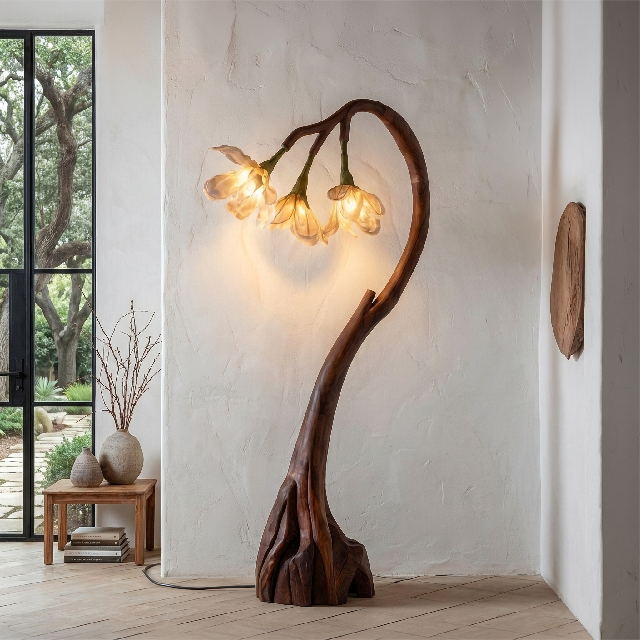 Floral Floor Lamp With Organic Wood Base For Living Room And Bedroom SINLSAFLP071
