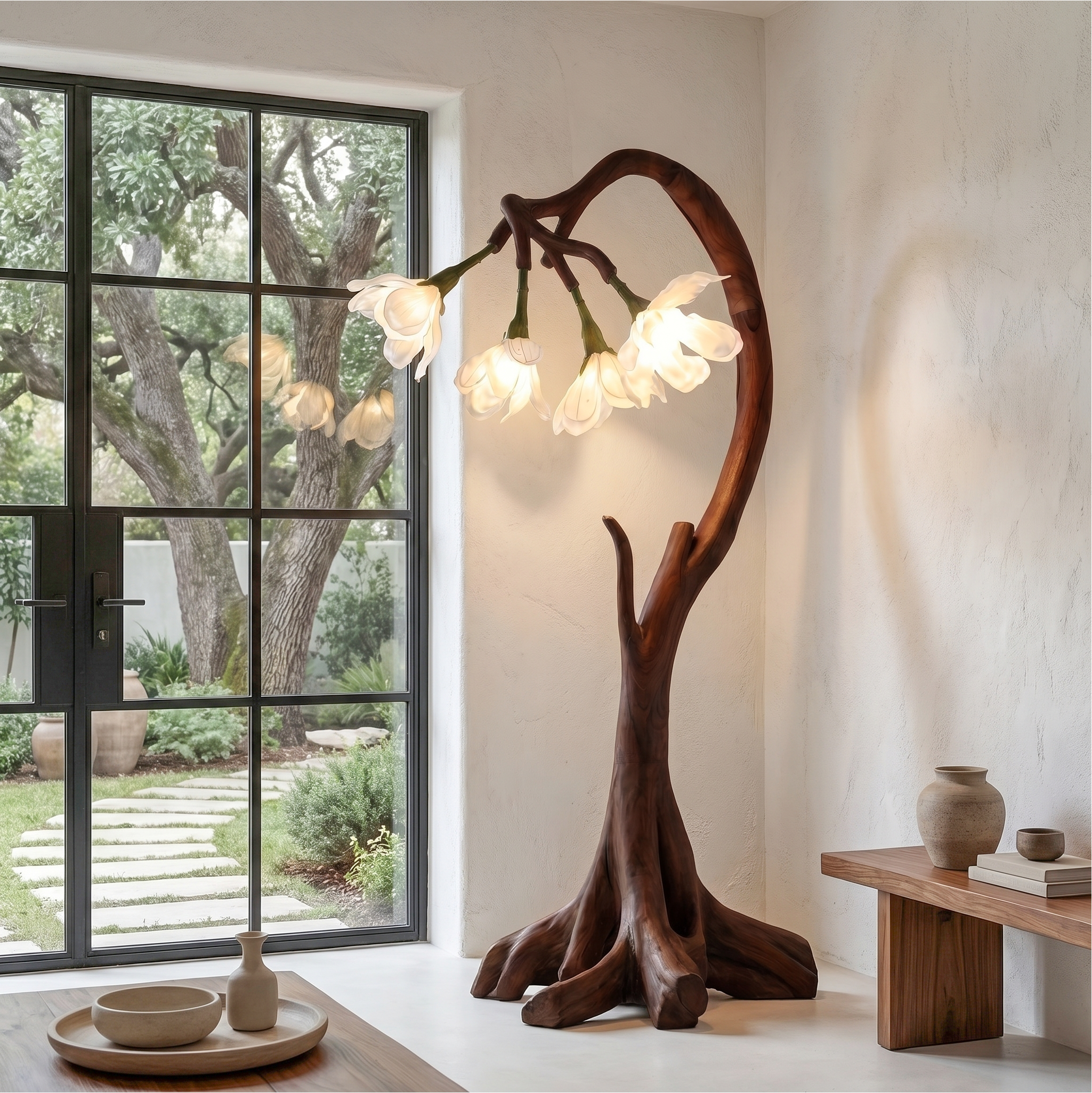 Bloom Floor Lamp With Sculptural Wooden Stand For Living Room And Bedroom SINLSAFLP072