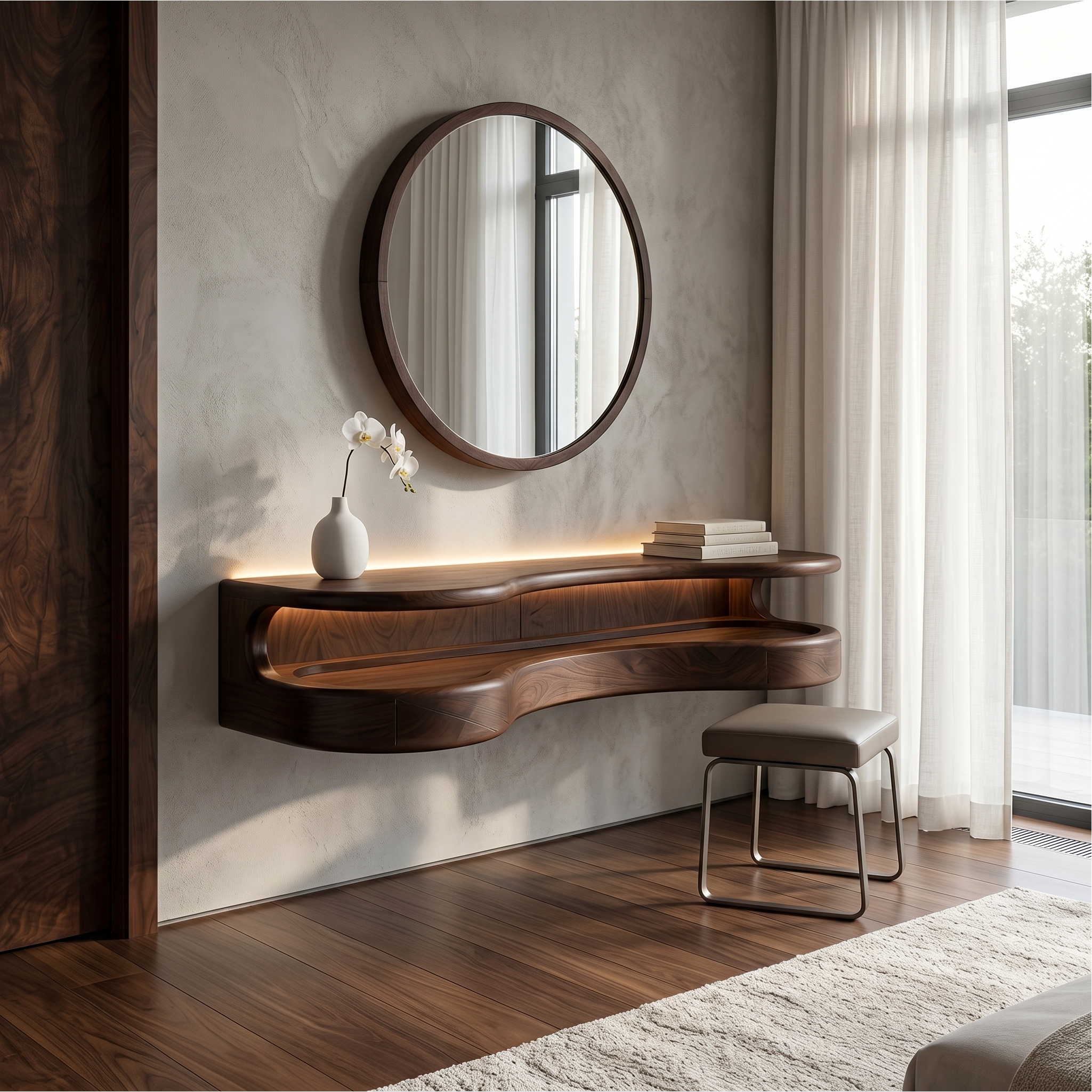 Organic Floating Vanity Desk With Rounded Wood Shelf For Bedroom SINLSABDT071