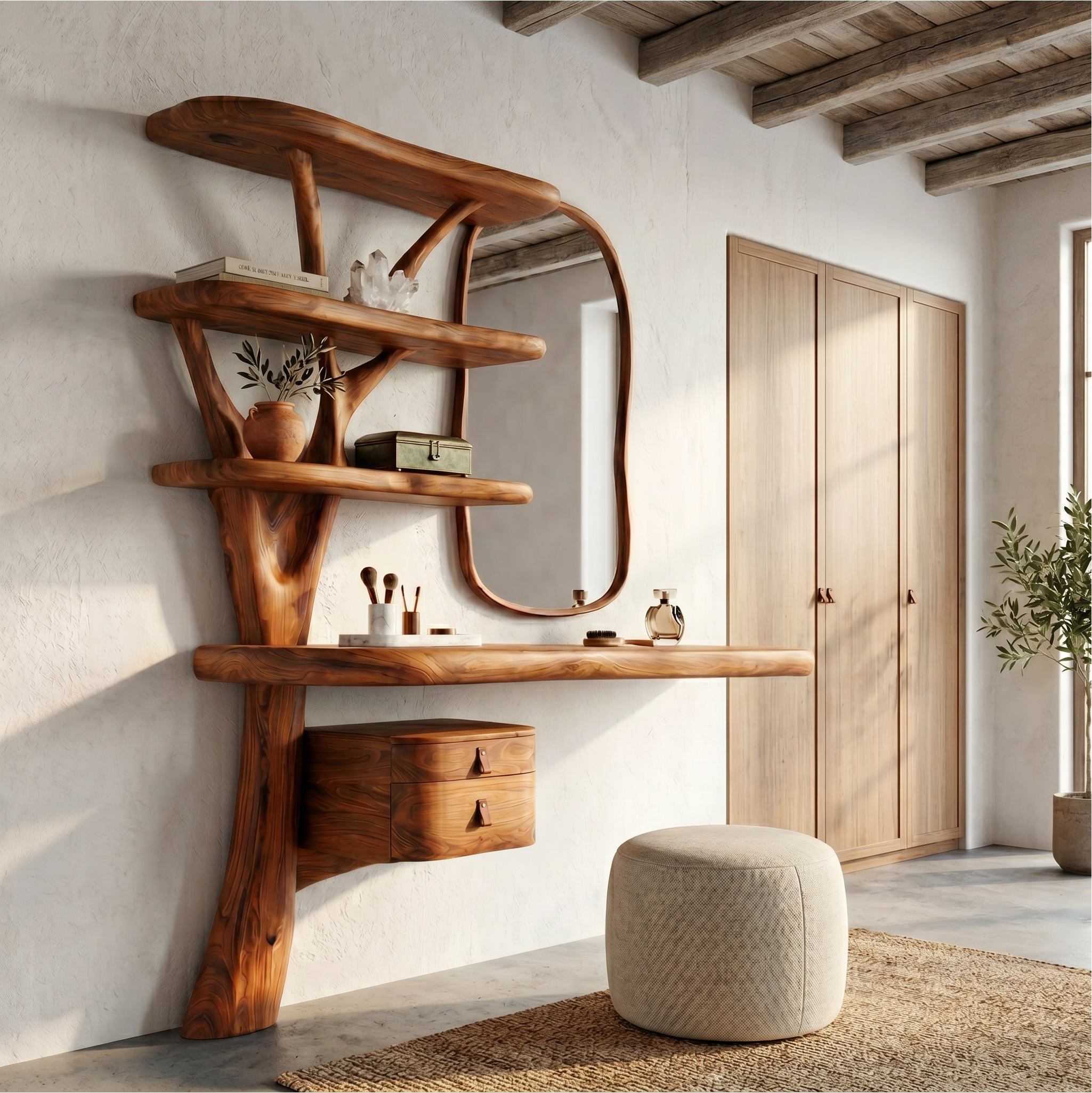 Sculptural Tree Vanity Desk With Curved Wood Shelves For Bedroom SINLSABDT075