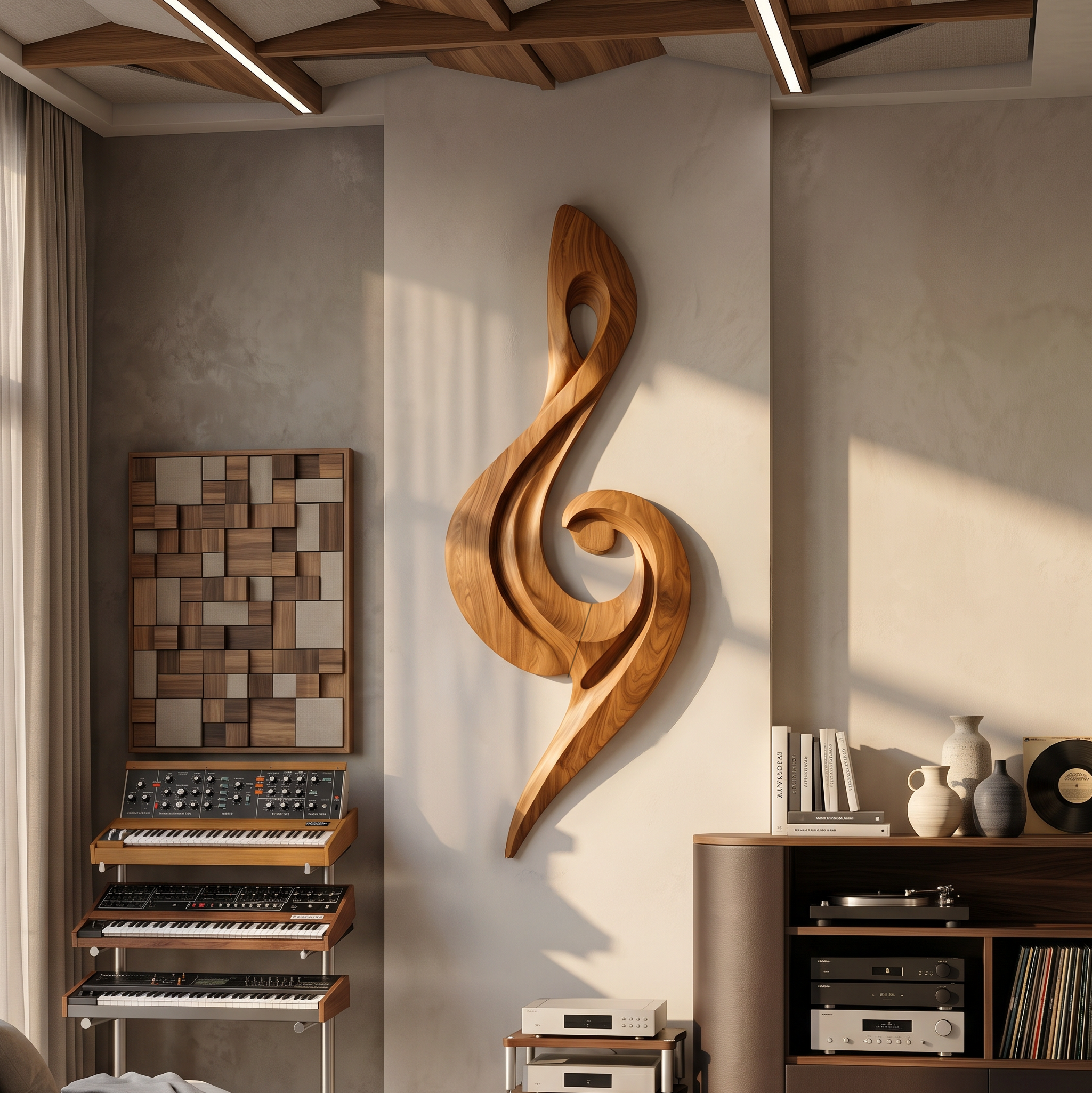 Sculptural Treble Clef Wooden Wall Decor For Living Room SINLSAWD078
