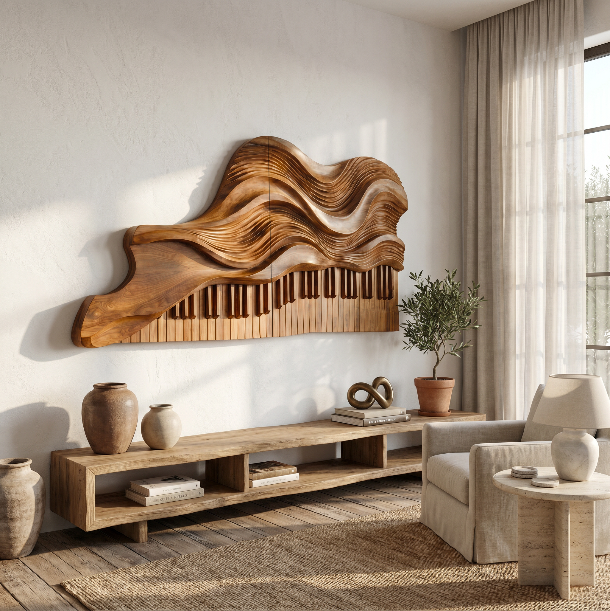 Abstract Piano Wave Wooden Wall Sculpture For Living Room SINLSAWD084
