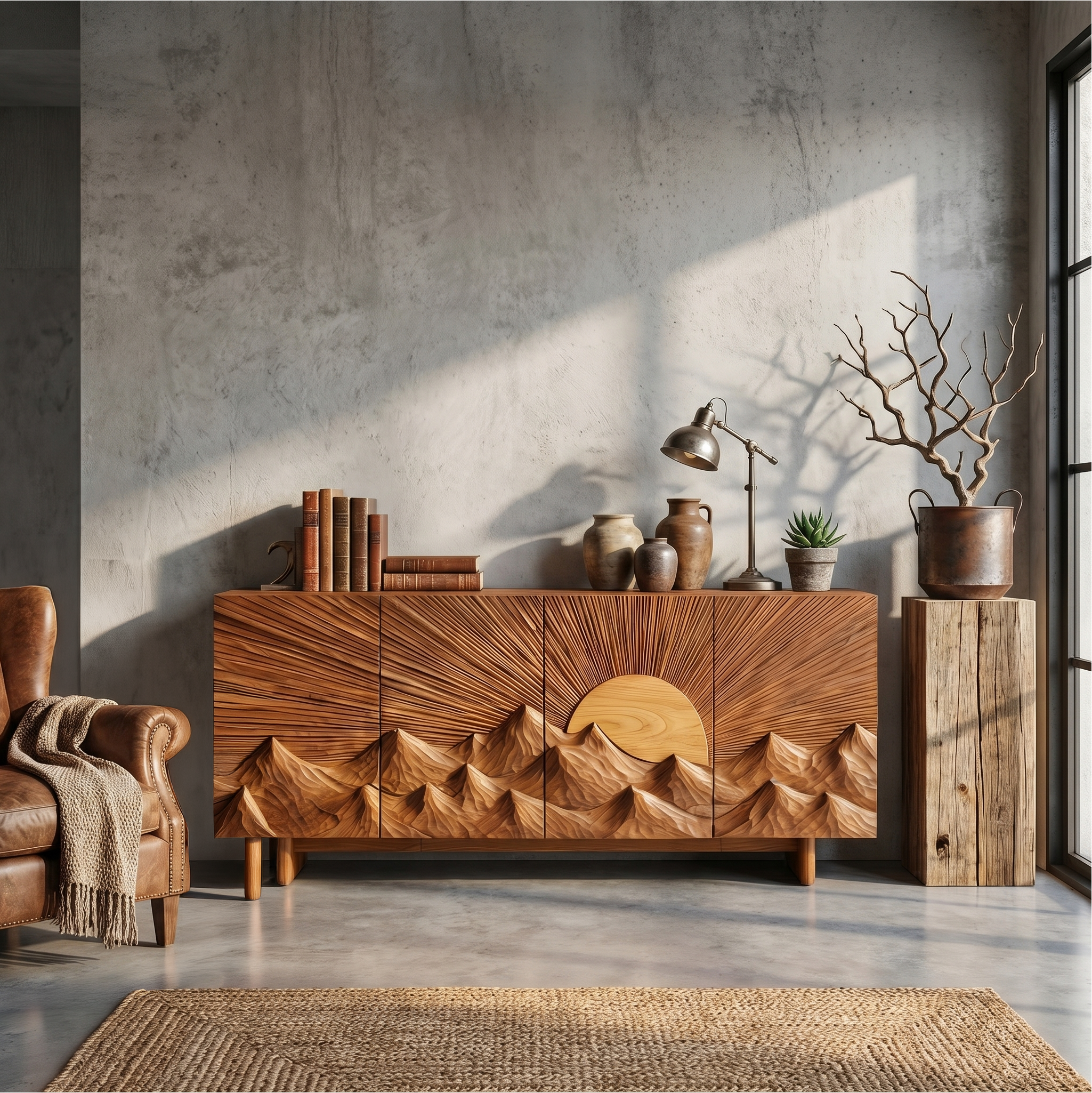 Contemporary Landscape Sideboard With Sculptural Carved Wood Doors For Living Room SINLSASC517