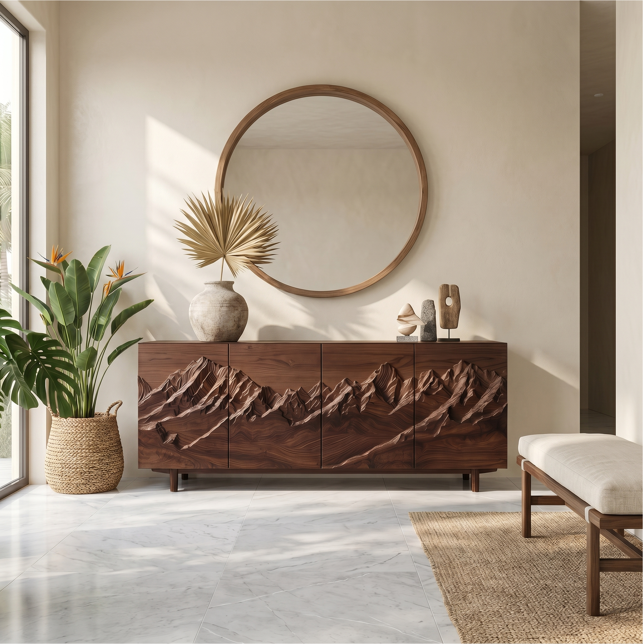 Rustic Mountain Landscape Sideboard With Carved Wood Doors For Living Room And Entryway SINLSASC518