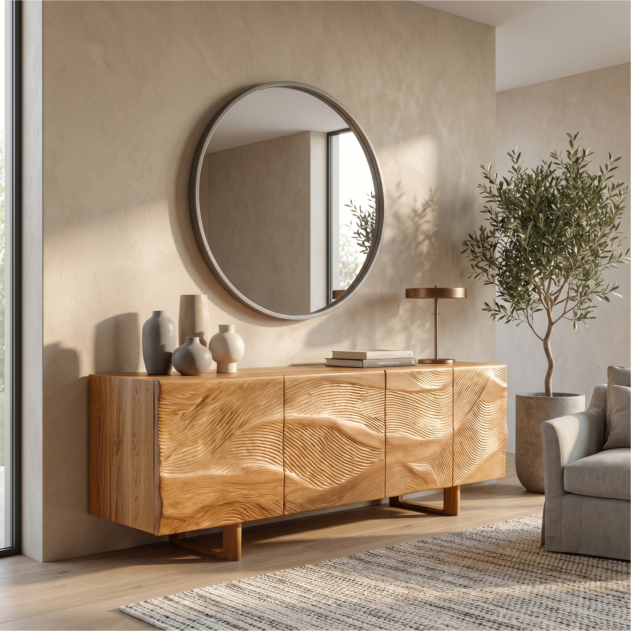 Modern Sideboard With Sunburst Carved Wood Doors For Living Room SINLSASC525