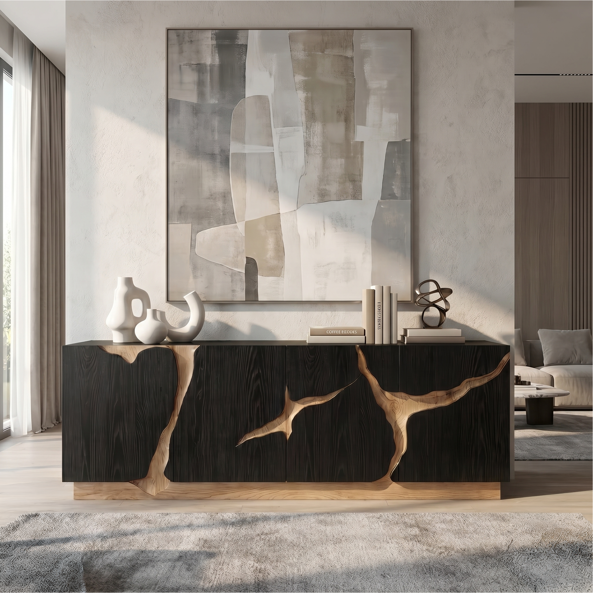 Organic Sideboard With Charred Wood Doors And Natural Live Edge Inlay For Living Room SINLSASC529