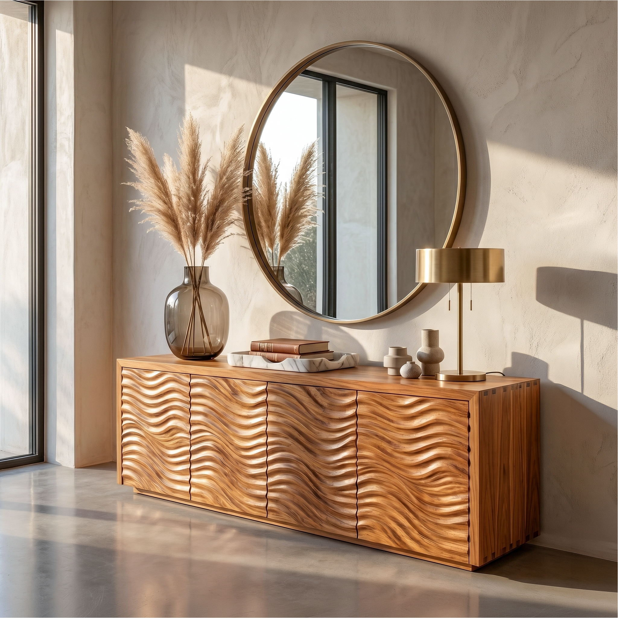 Rustic Sideboard With Hand Carved Wave Wood Doors And Solid Wood Storage For Living Room SINLSASC530
