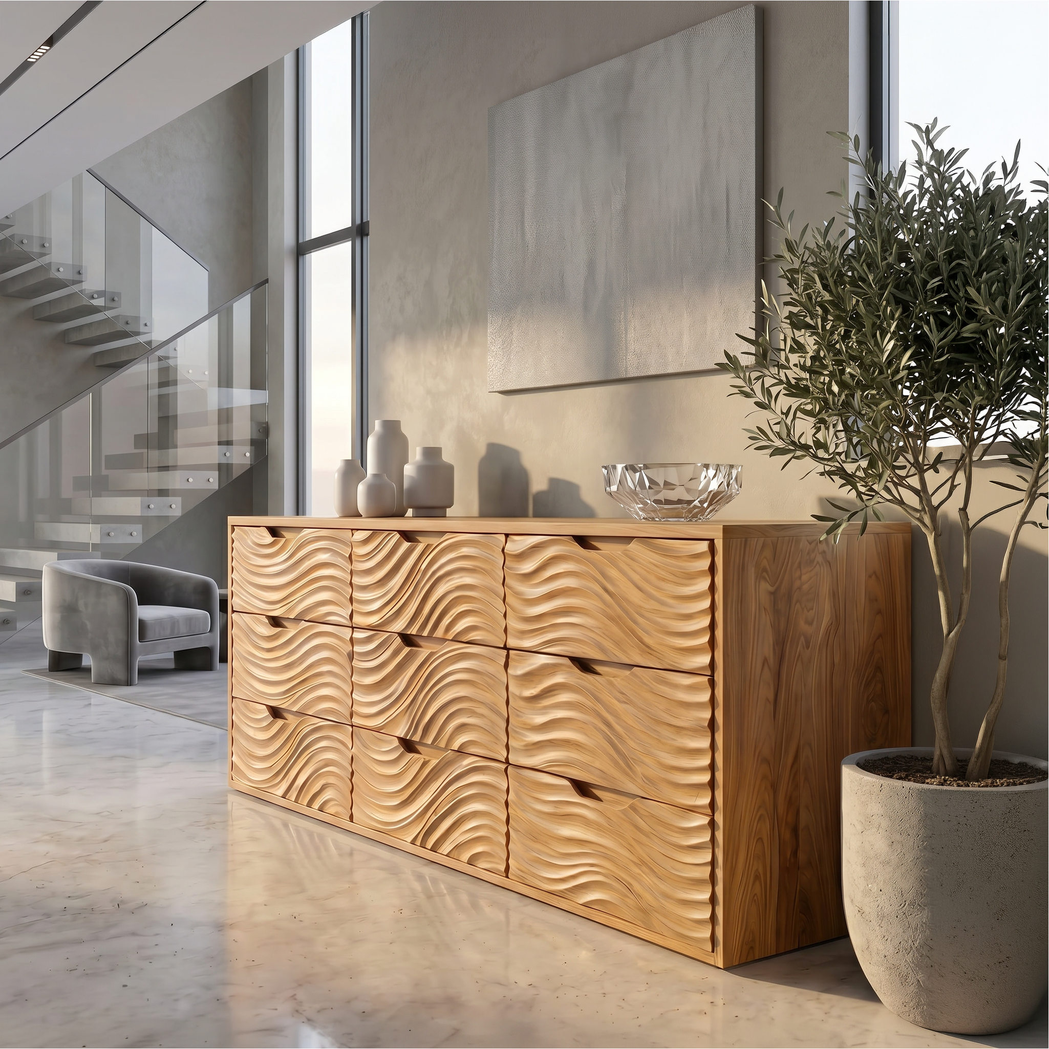 Organic Sideboard With Hand Carved Wave Wood Doors And Solid Wood Storage Cabinet For Living Room SINLSASC531