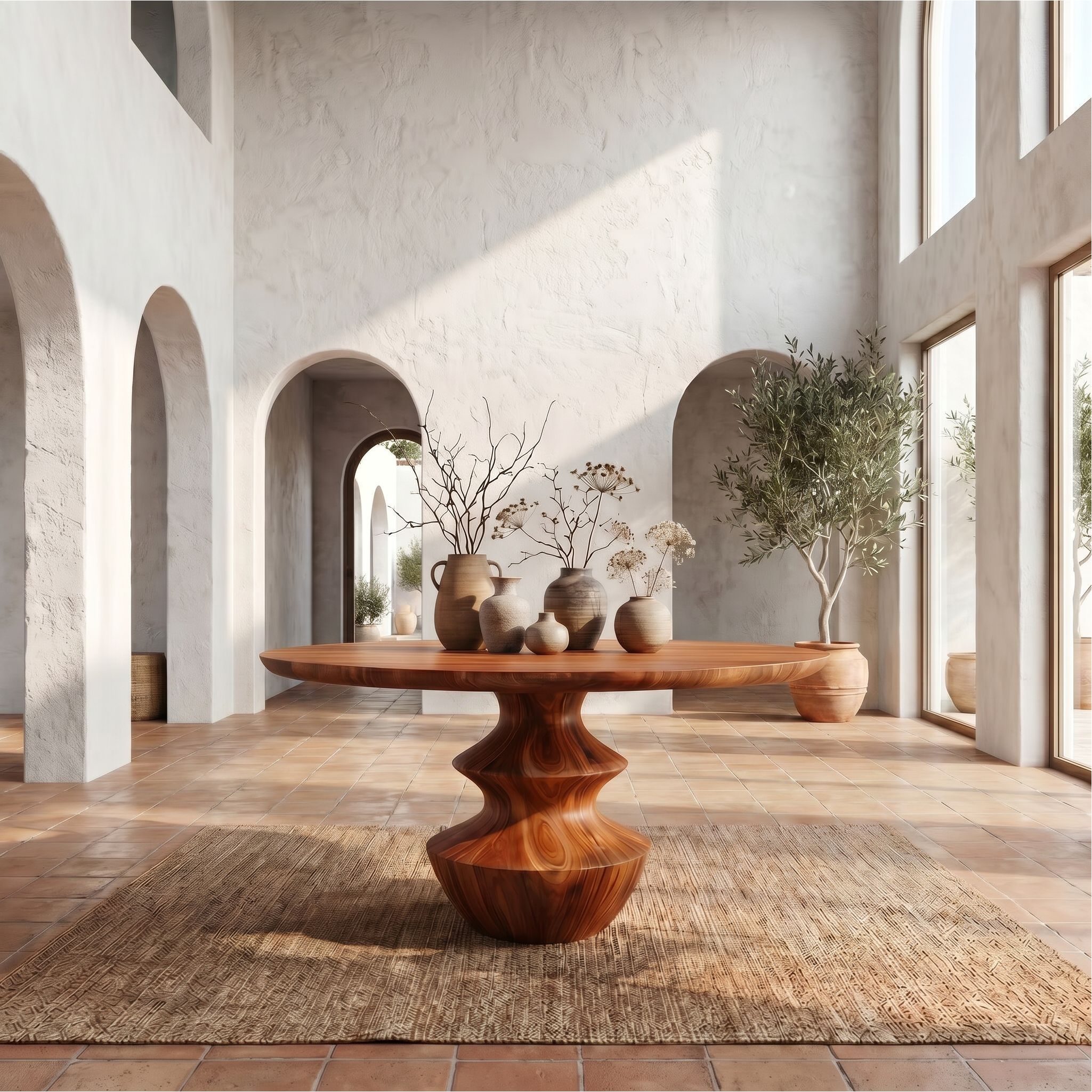 Modern Foyer Table With Sculptural Solid Wood Pedestal Base For Entryway SINLSAFT034