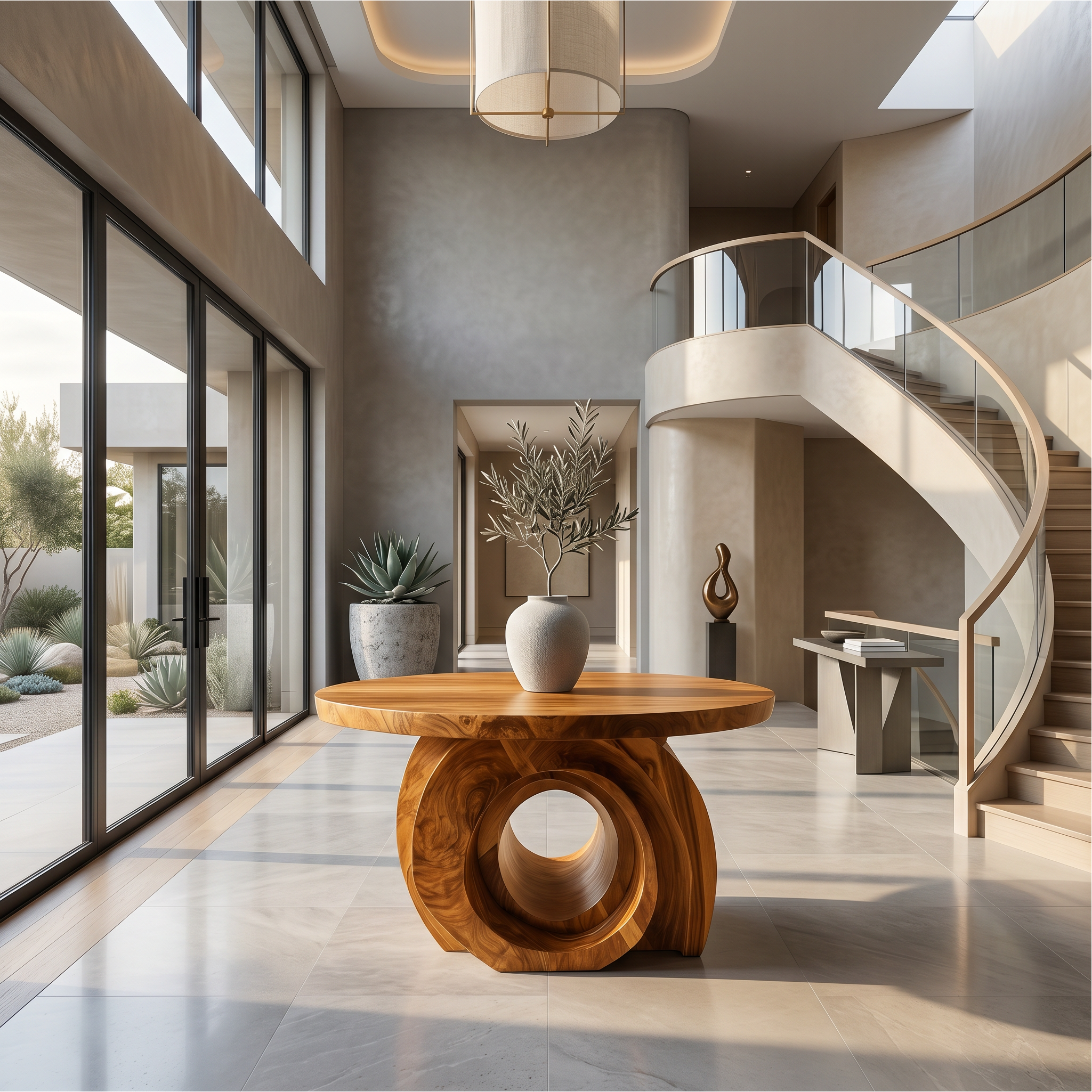 Modern Round Foyer Table With Sculptural Ring Pedestal Base For Entryway And Hallway SINLSAFT044