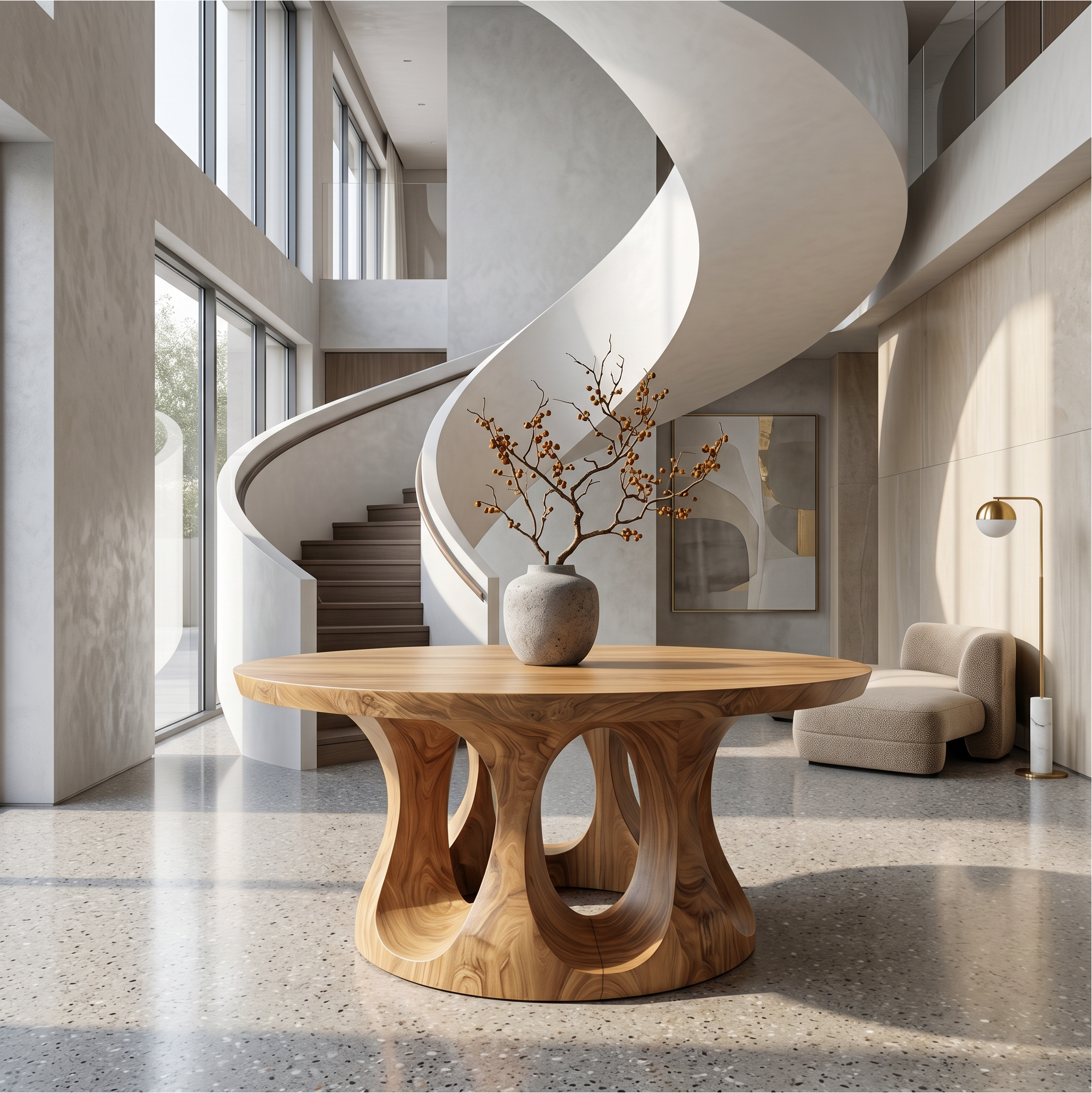 Organic Round Foyer Table With Sculptural Dual Ring Pedestal Base For Entryway And Hallway SINLSAFT045