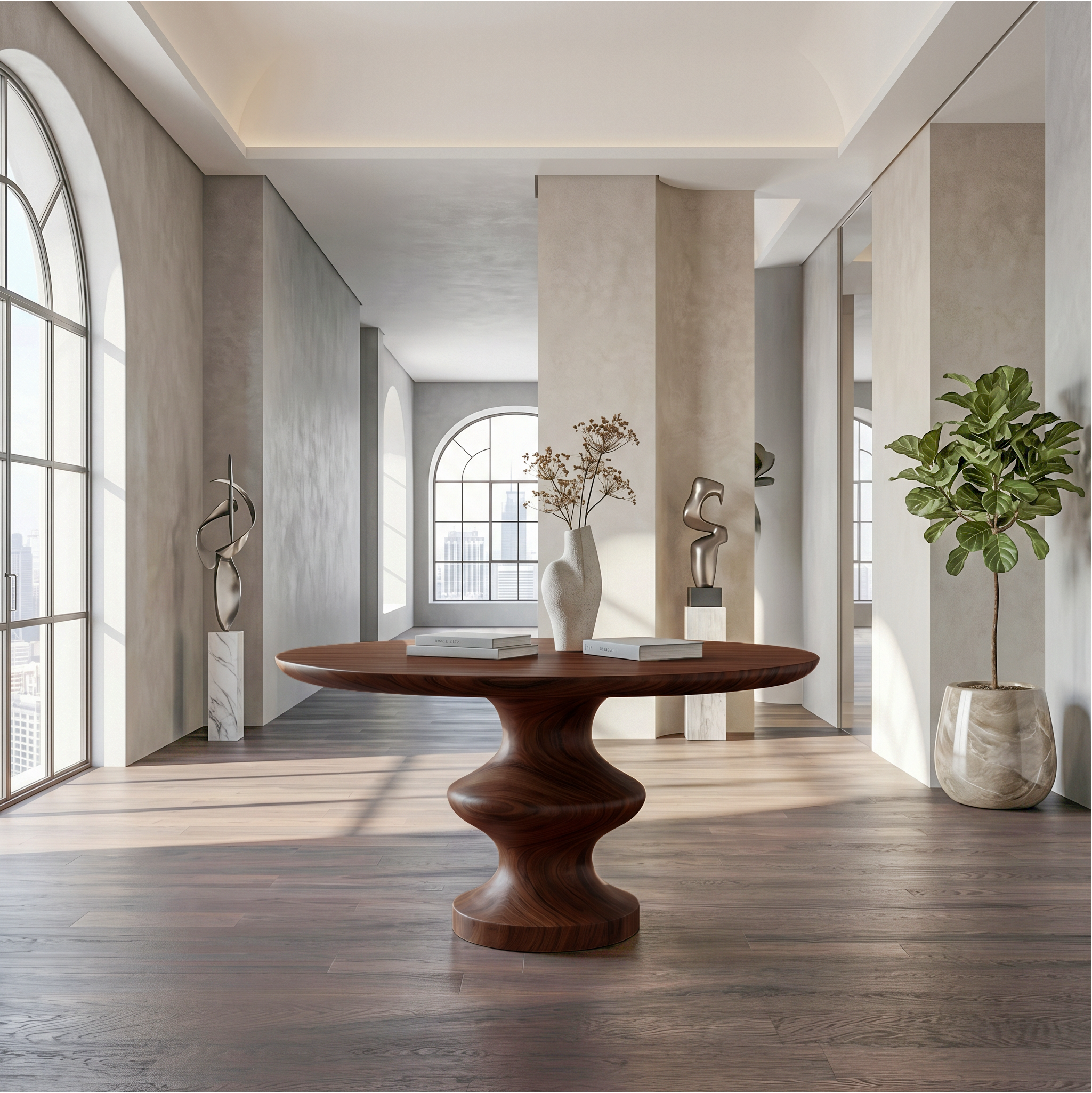 Contemporary Round Foyer Table With Turned Solid Wood Pedestal Base For Entryway And Hallway SINLSAFT046