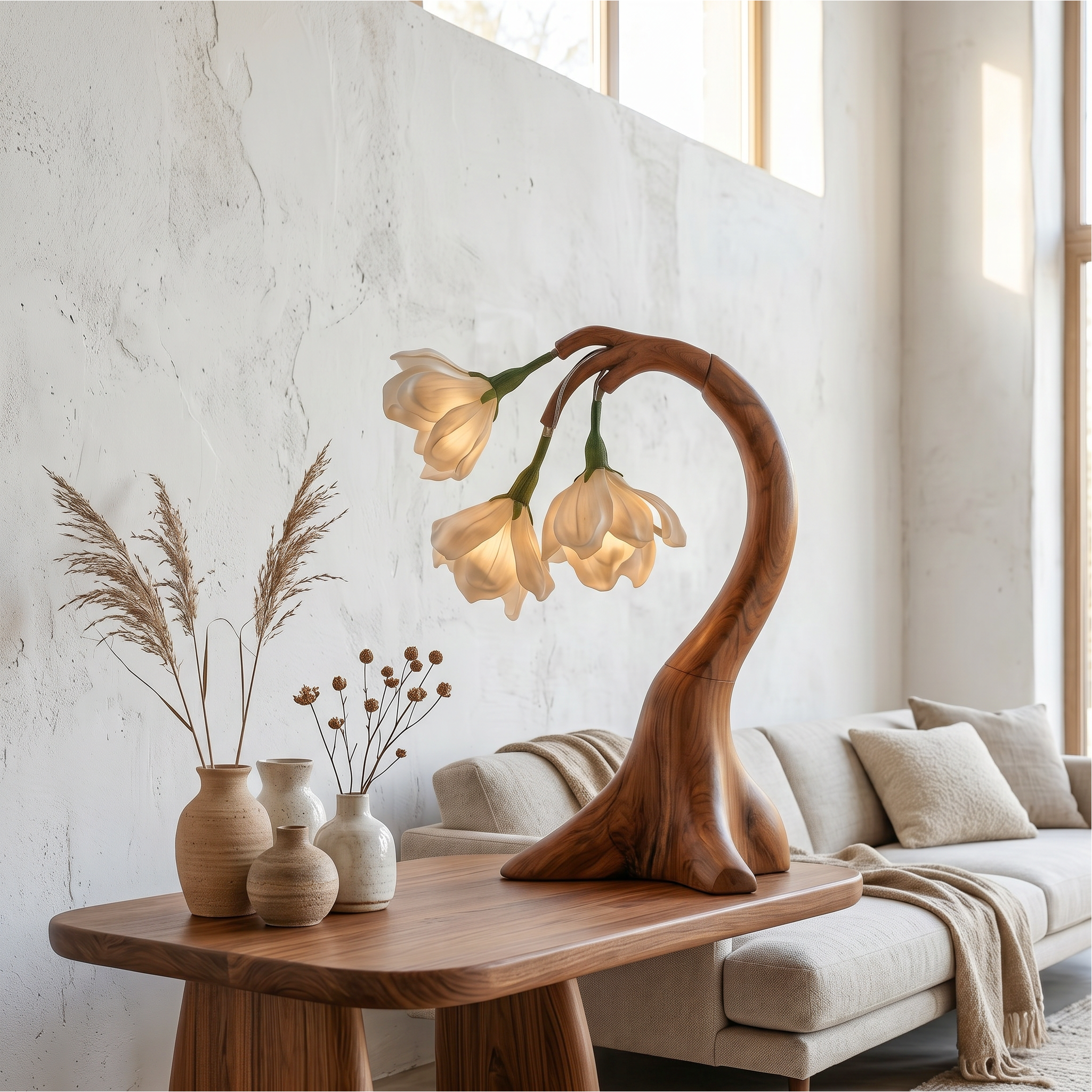 Modern Floral Table Lamp With Sculptural Curved Wood Base For Bedroom And Living Room SINLSATL008