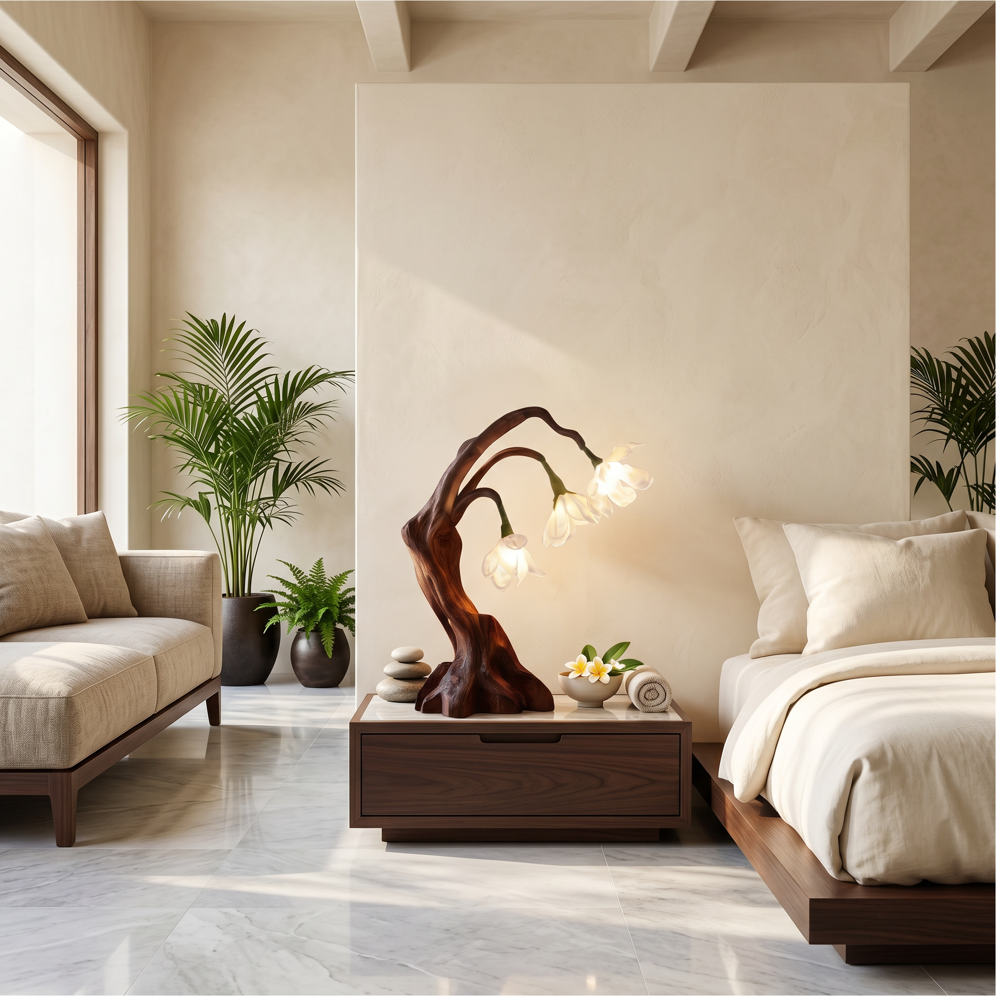 Modern Floral Table Lamp With Sculptural Driftwood Base For Bedroom And Living Room SINLSATL009