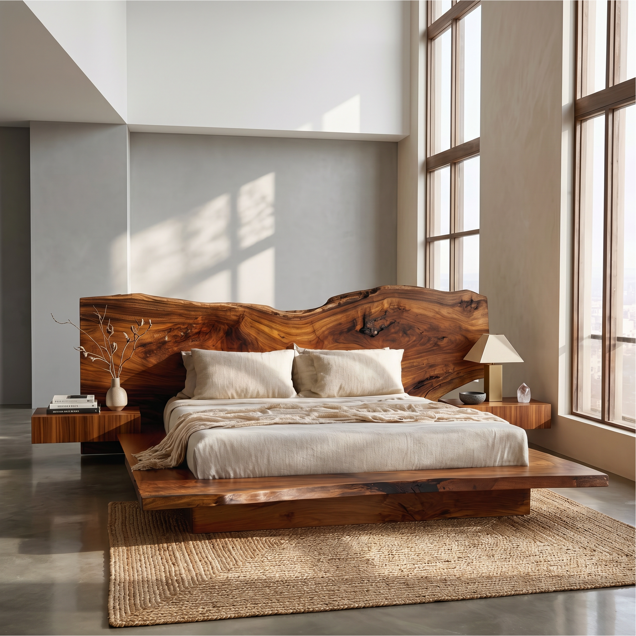 Rustic Live Edge Bed Frame With Sculptural Headboard For Bedroom SINLSAWB124