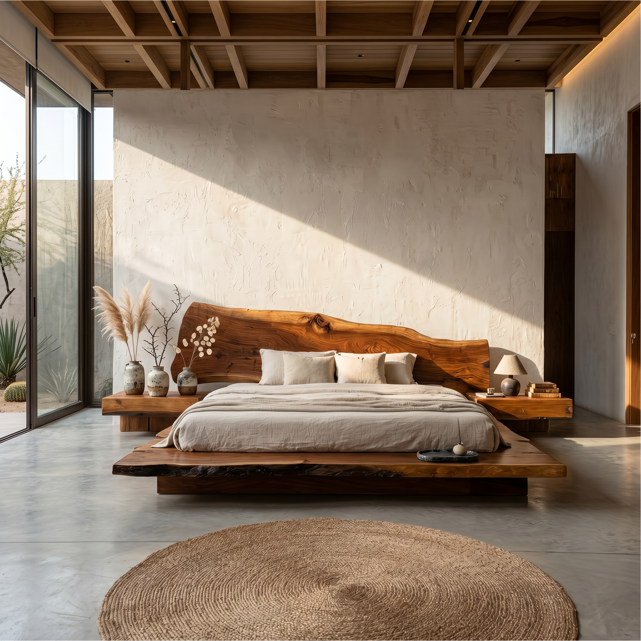 Organic Sculptural Bed Frame With Handcrafted Solid Wood Headboard And Floating Platform Design For Bedroom SINLSAWB127