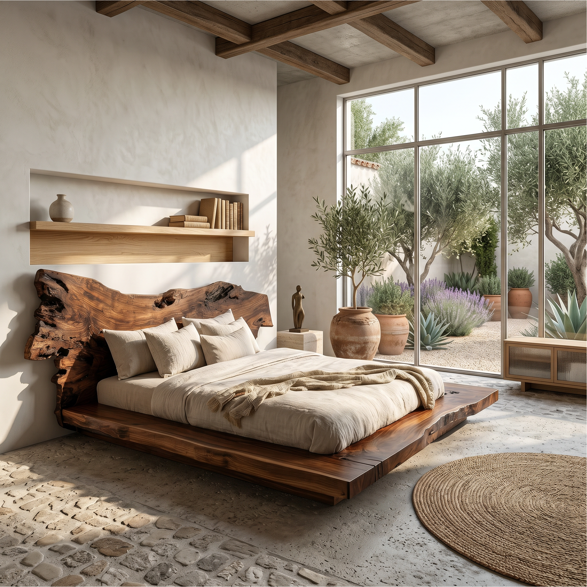Contemporary Low Profile Bed Frame With Organic Wood Headboard For Bedroom SINLSAWB129