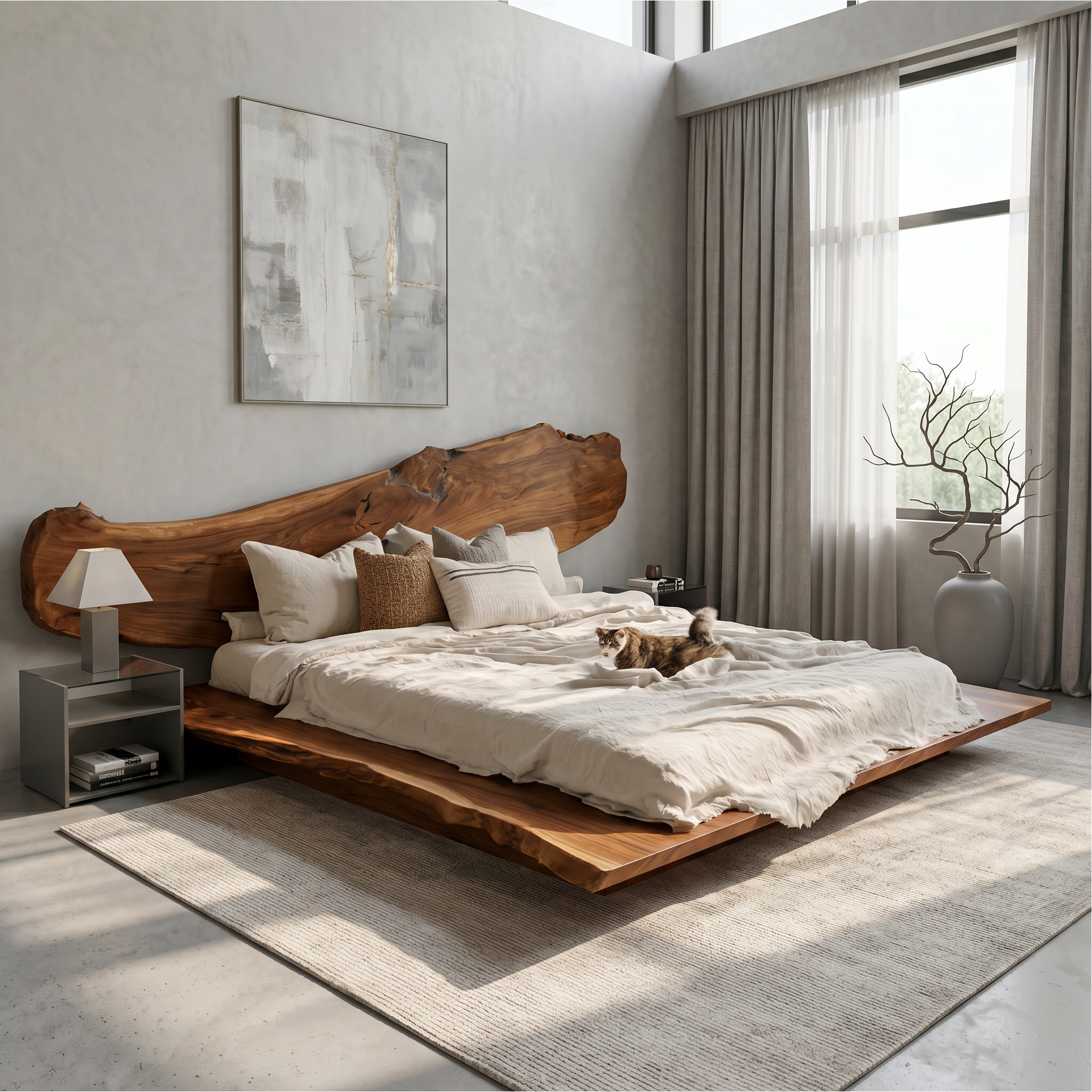 Luxury Organic Bed Frame With Sculptural Solid Wood Headboard And Floating Platform Design For Bedroom SINLSAWB131