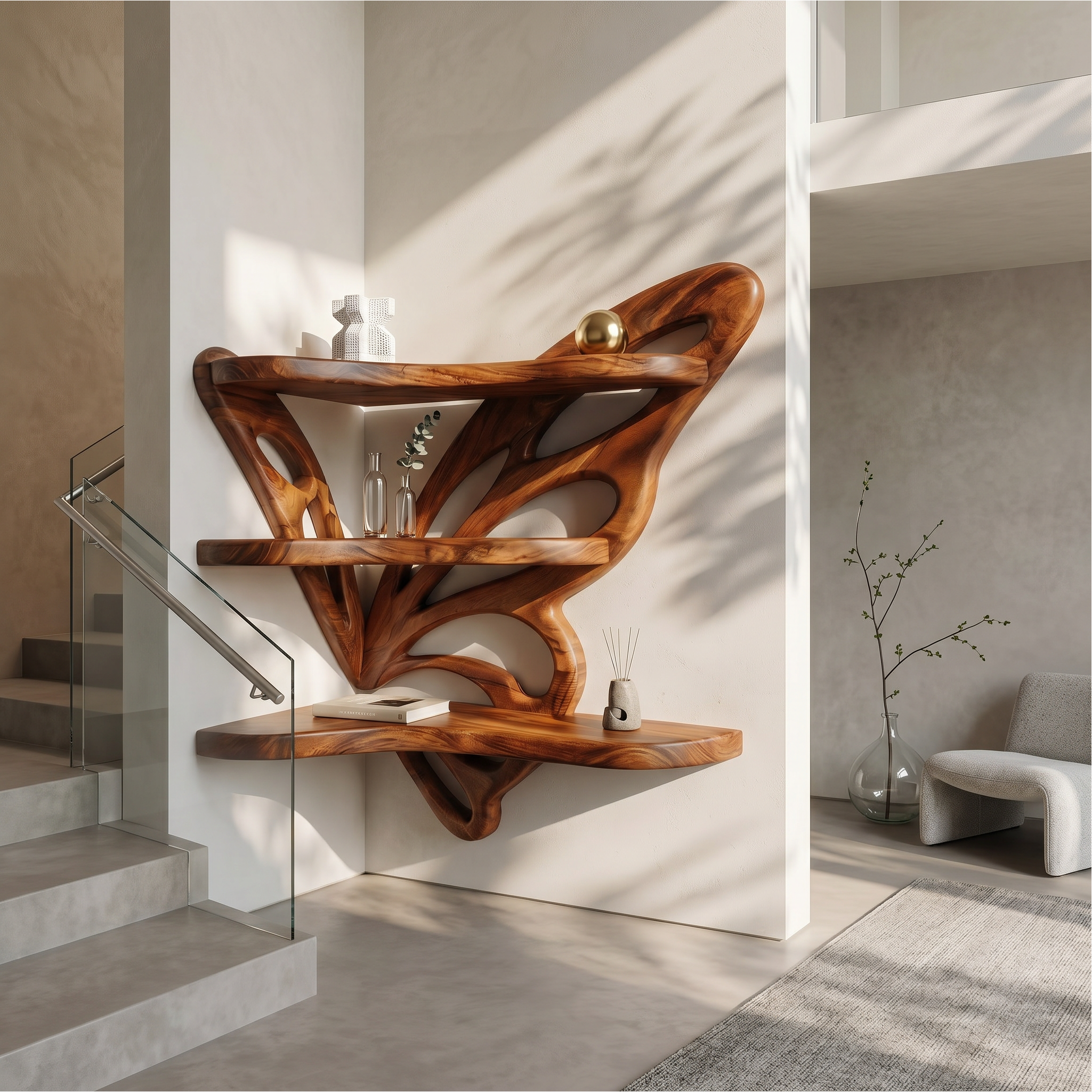 Rustic Butterfly Floating Shelf With Natural Live Edge Wood Design For Living Room SINLSAFL543
