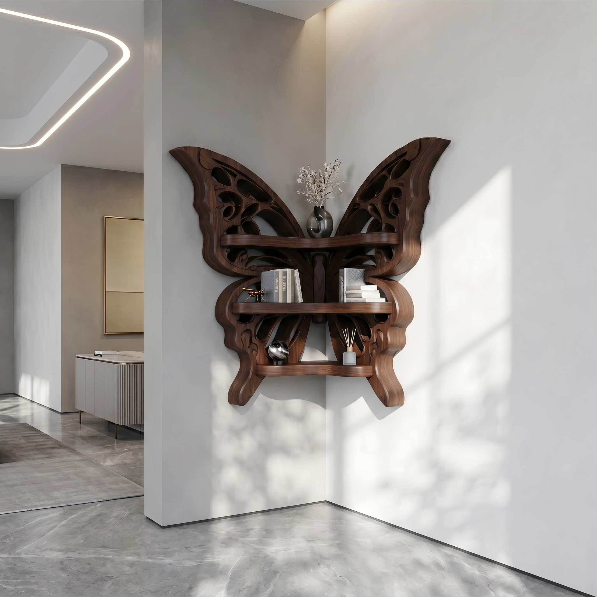 Sculptural Butterfly Floating Shelf With Handcrafted Solid Wood Design For Living Room SINLSAFL544