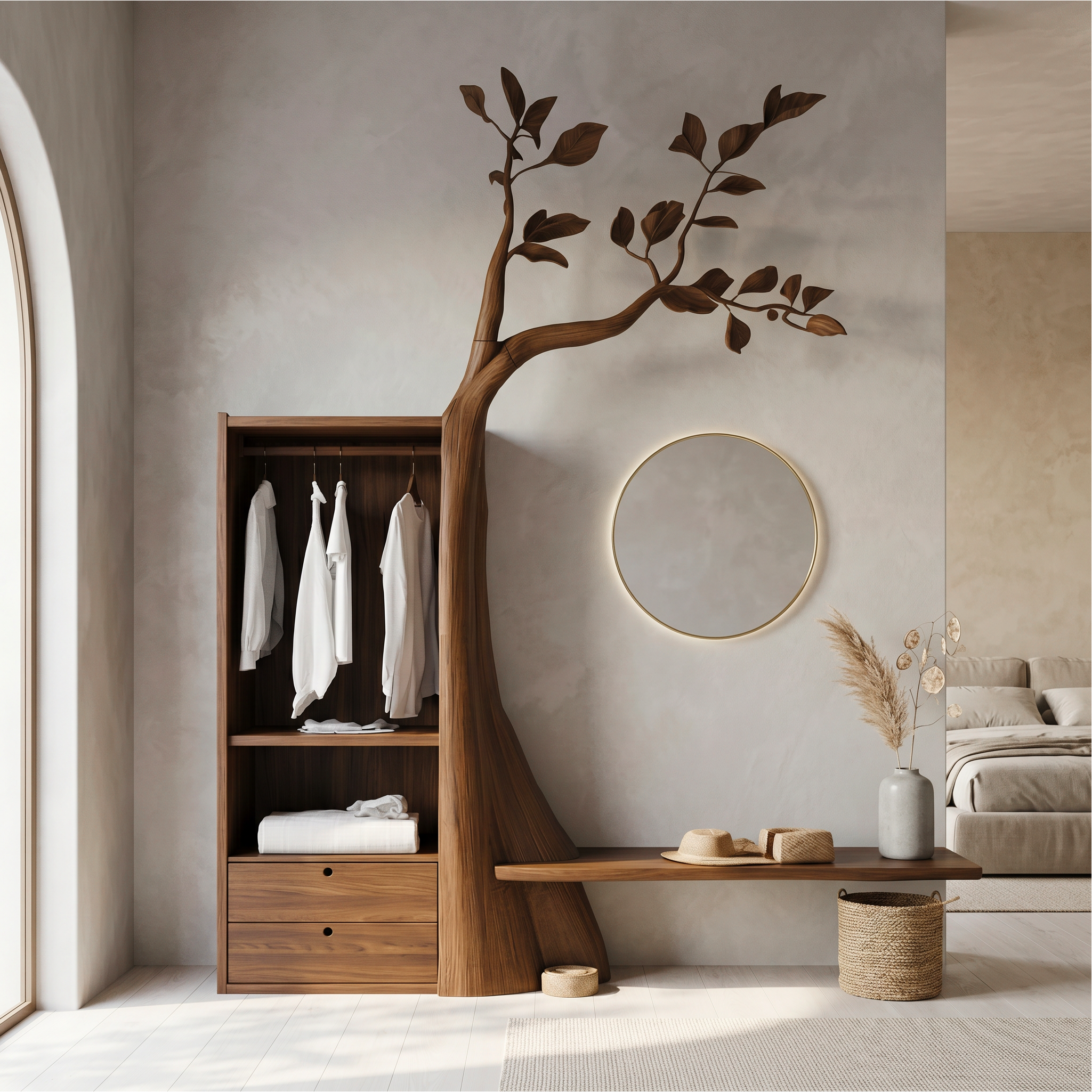 Organic Modern Tree Coat Rack Seating Bench Entryway And Bedroom SINLSATCR116