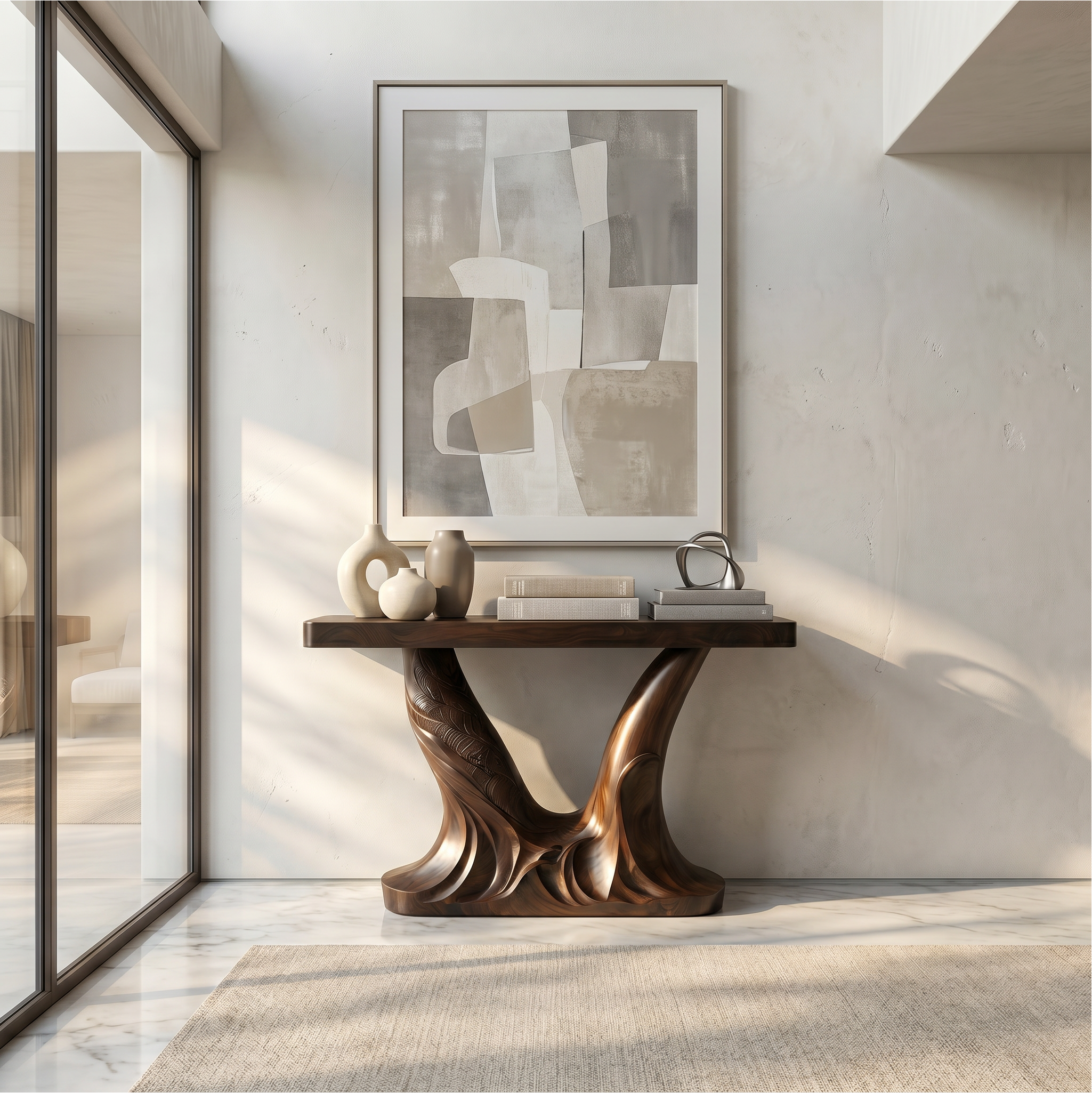 Organic Console Table With Sculptural Double Pedestal Base For Entryway SINLSACS628