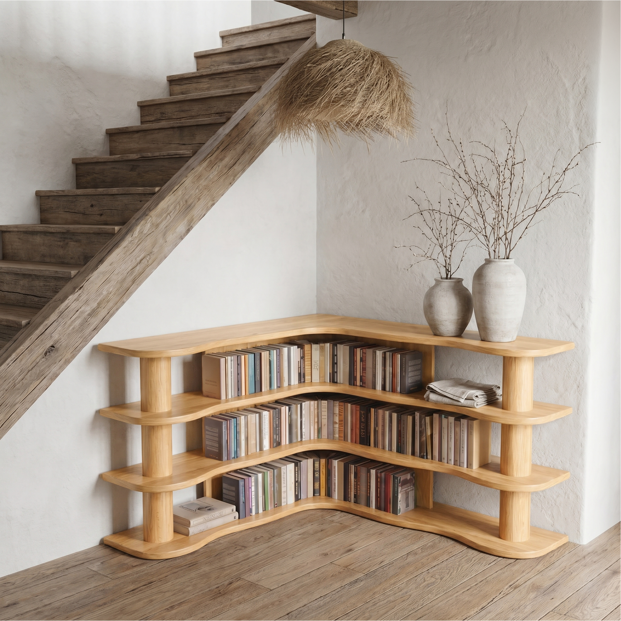Scandinavian Corner Bookshelf With Rounded Multi Tier Wooden Shelves For Living Room And Bedroom SINLSABS020