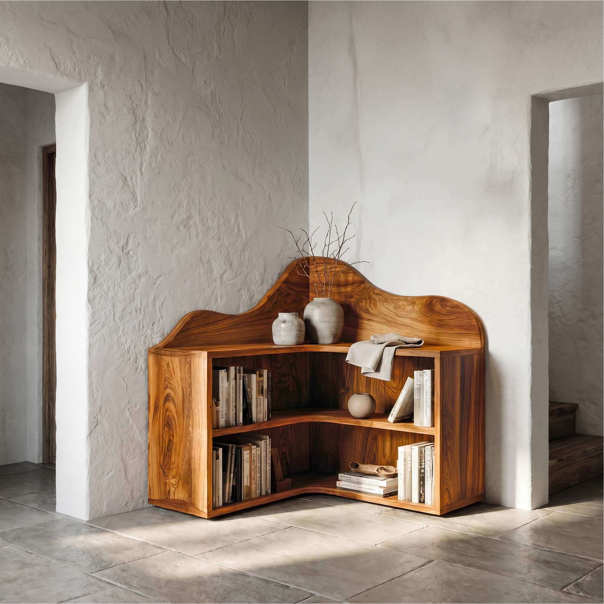 Organic Corner Bookshelf With Sculptural Curved Shelves And Open Storage For Living Room And Bedroom SINLSABS021