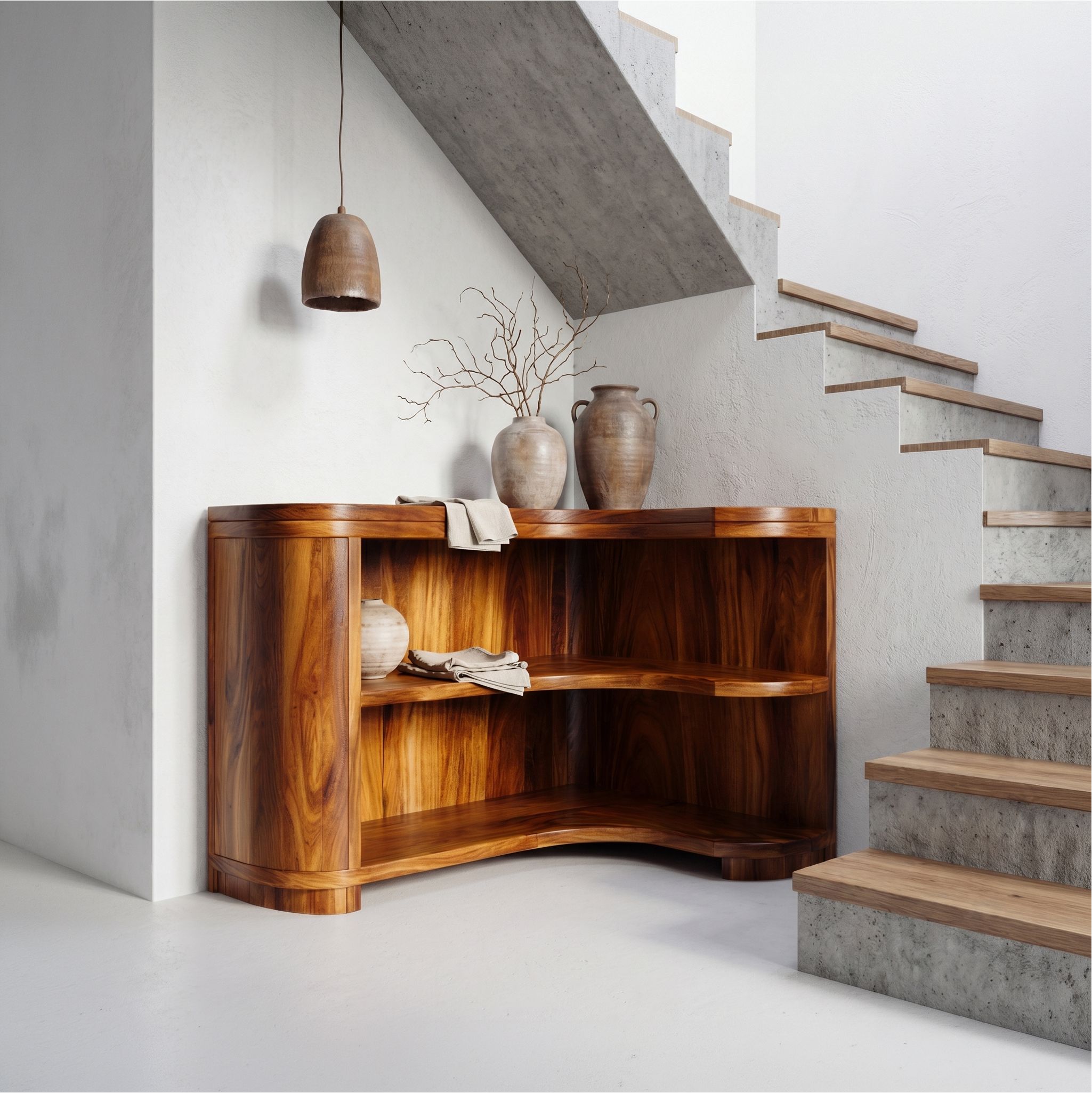 Modern Organic Corner Bookshelf With Solid Wood Open Shelves And Curved Design For Living Room And Bedroom SINLSABS022