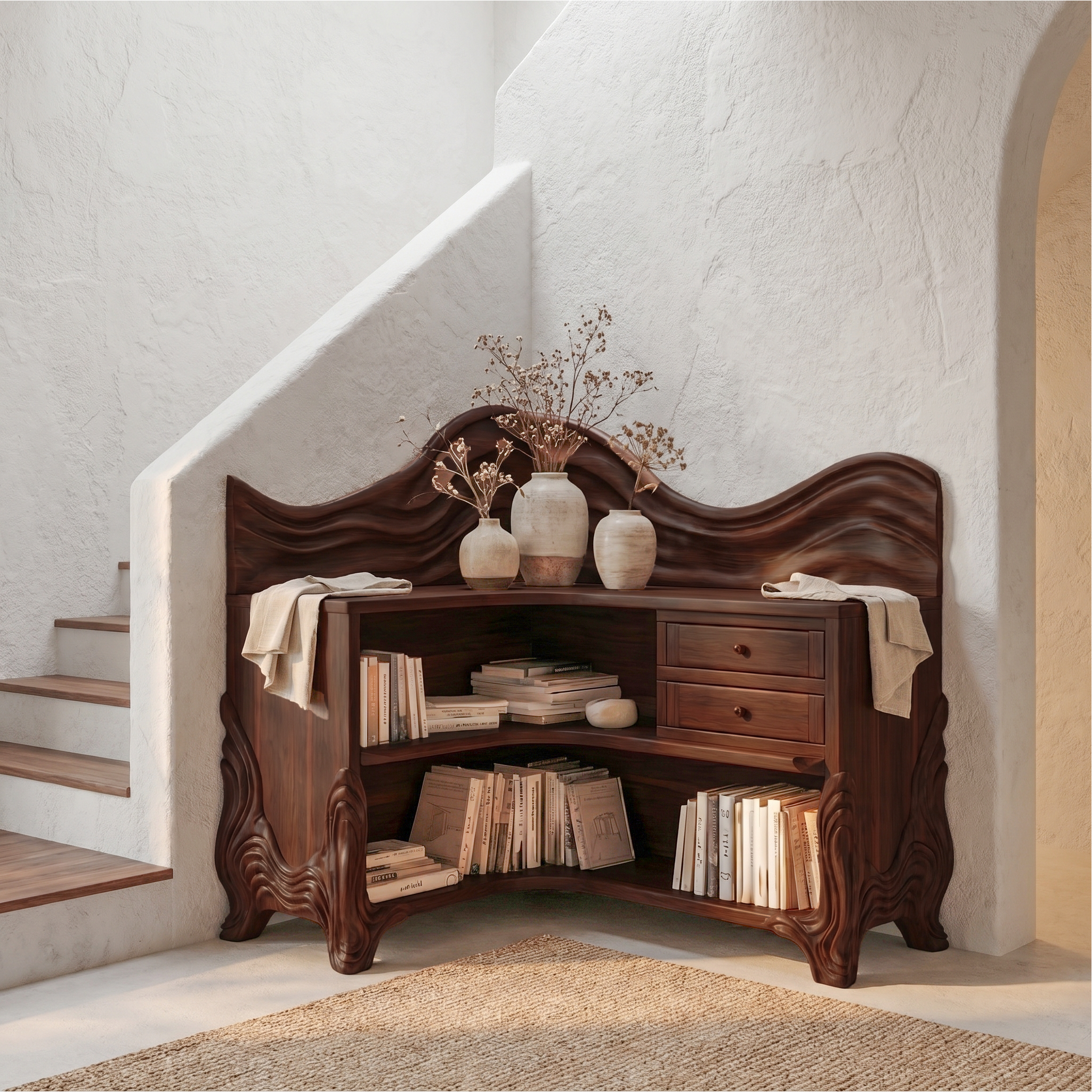 Rustic Wave Top Corner Bookshelf With Sculptural Wooden Shelves And Open Storage For Living Room And Bedroom SINLSABS025