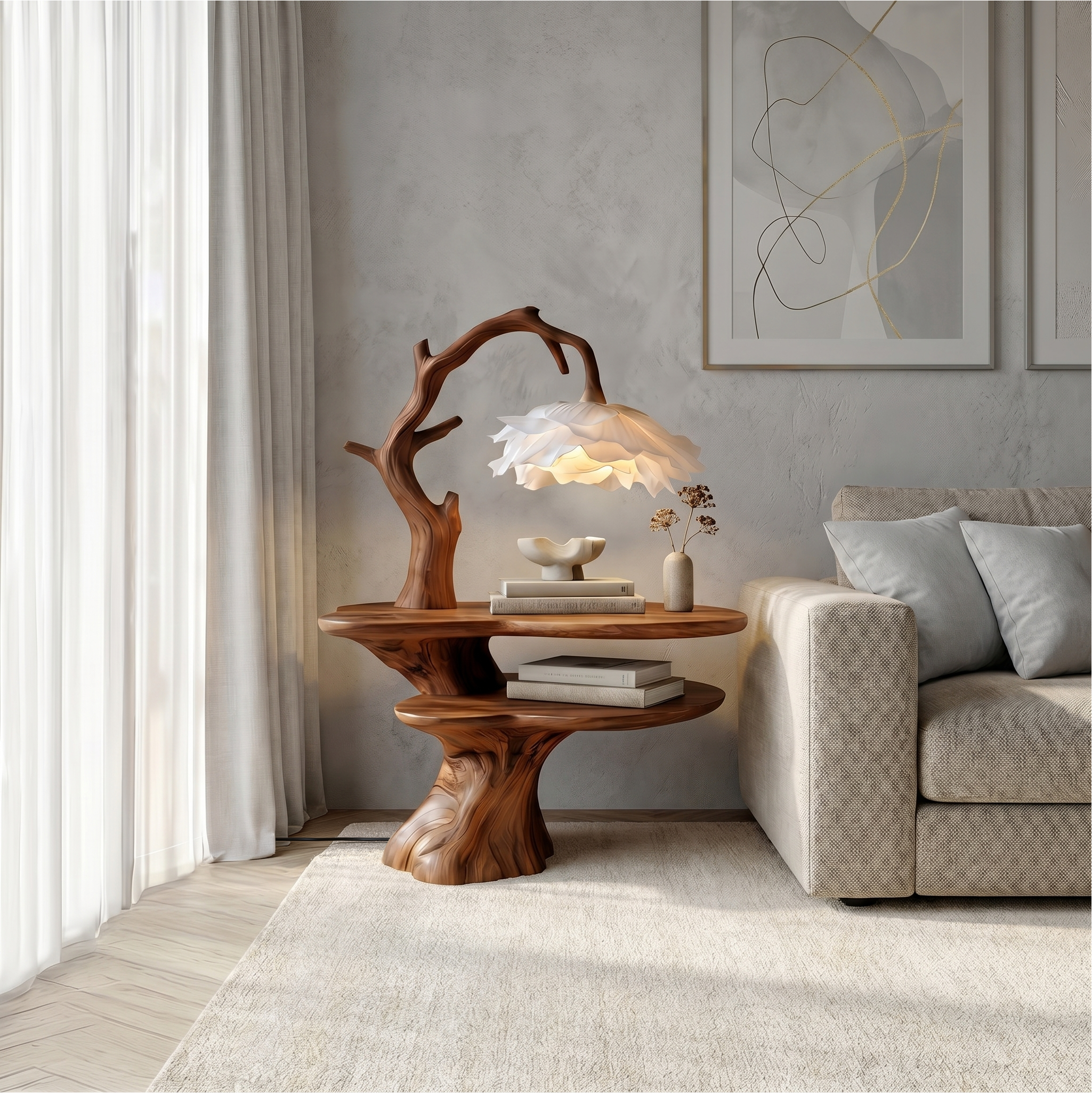 Natural Bedside Table With Floral Lamp And Tree Branch Form For Bedroom And Guest Room SINLSABT270