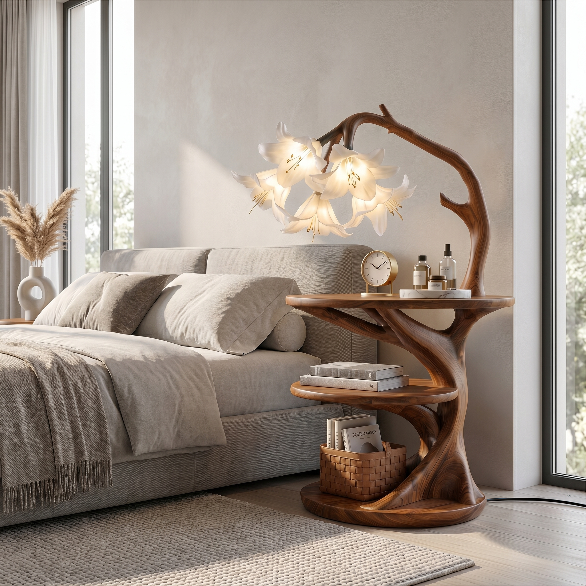 Rustic Side Table With Flower Shade Lamp For Bedroom And Living Room SINLSABT272