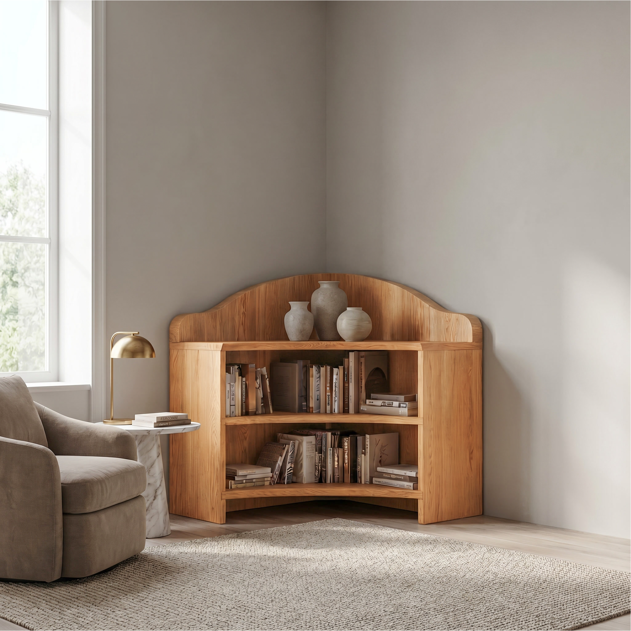 Minimal Corner Bookshelf With Clean Wooden Structure For Living Room SINLSABS026