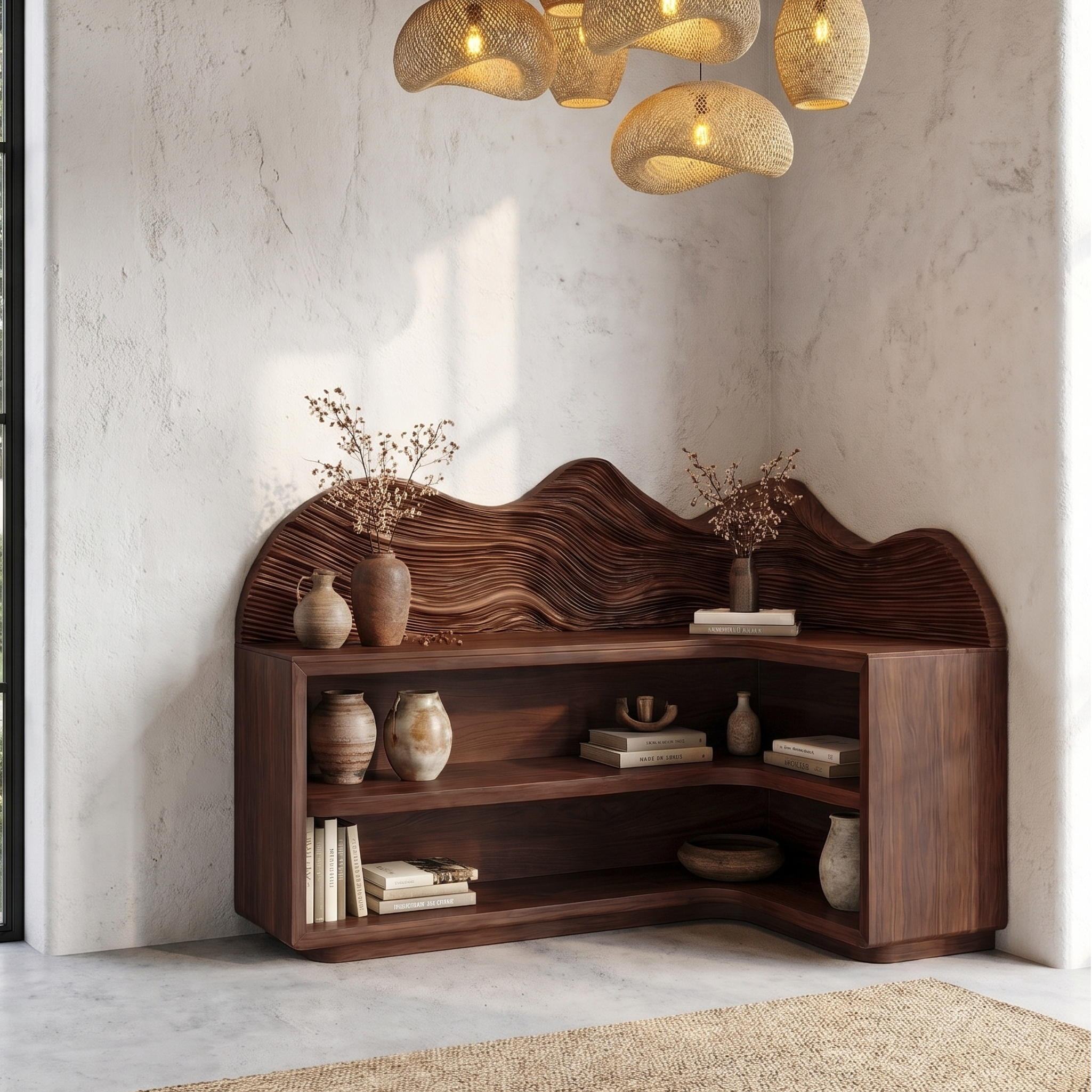Contemporary Corner Bookcase With Sculptural Wooden Shelves For Living Room SINLSABS030