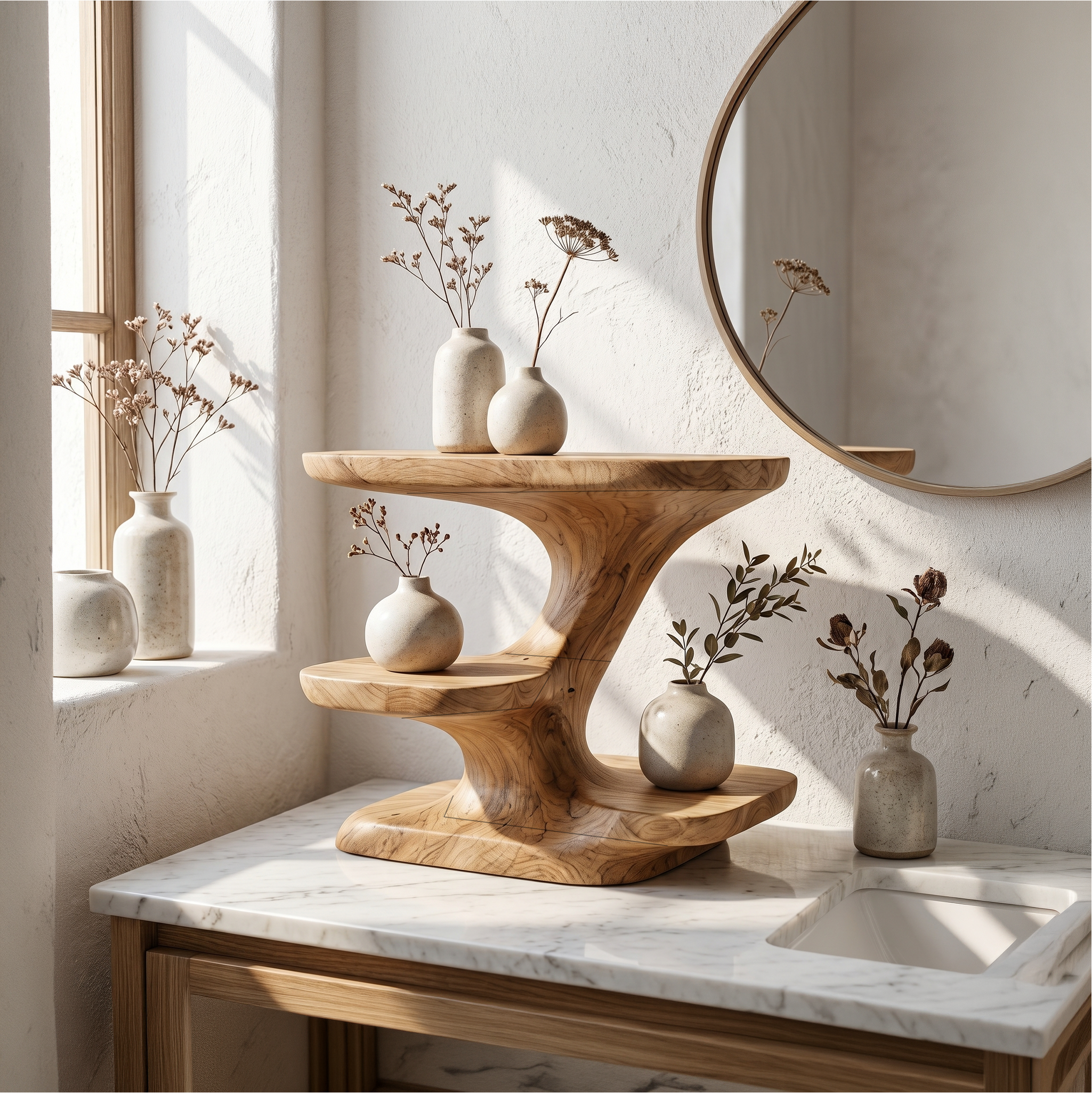 Modern Organic Bathroom Vanity Organizer With Tiered Wood Shelves For Bathroom SINLSABRD005