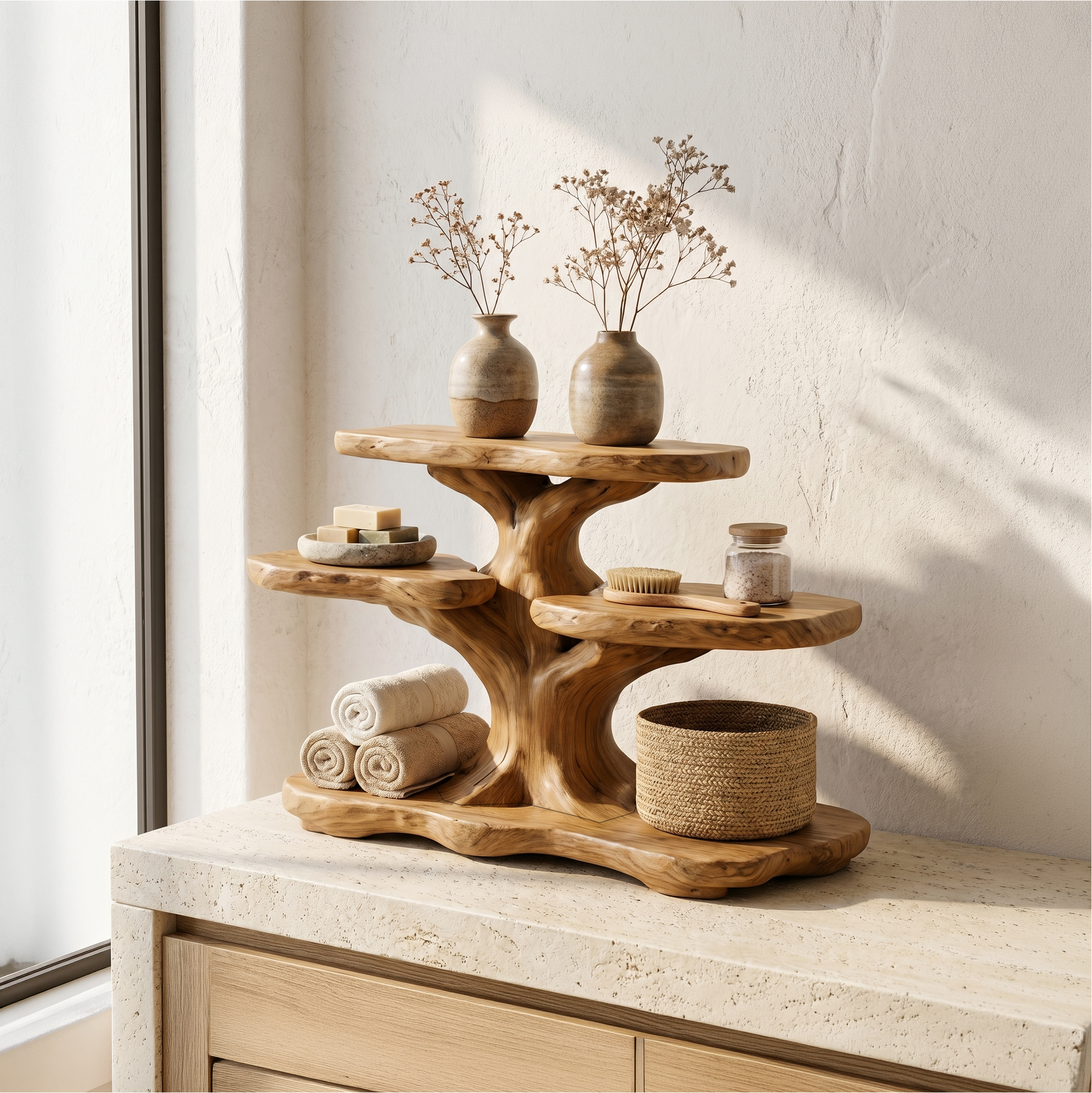 Contemporary Tree Bathroom Organizer With Floating Wood Shelves SINLSABRD012
