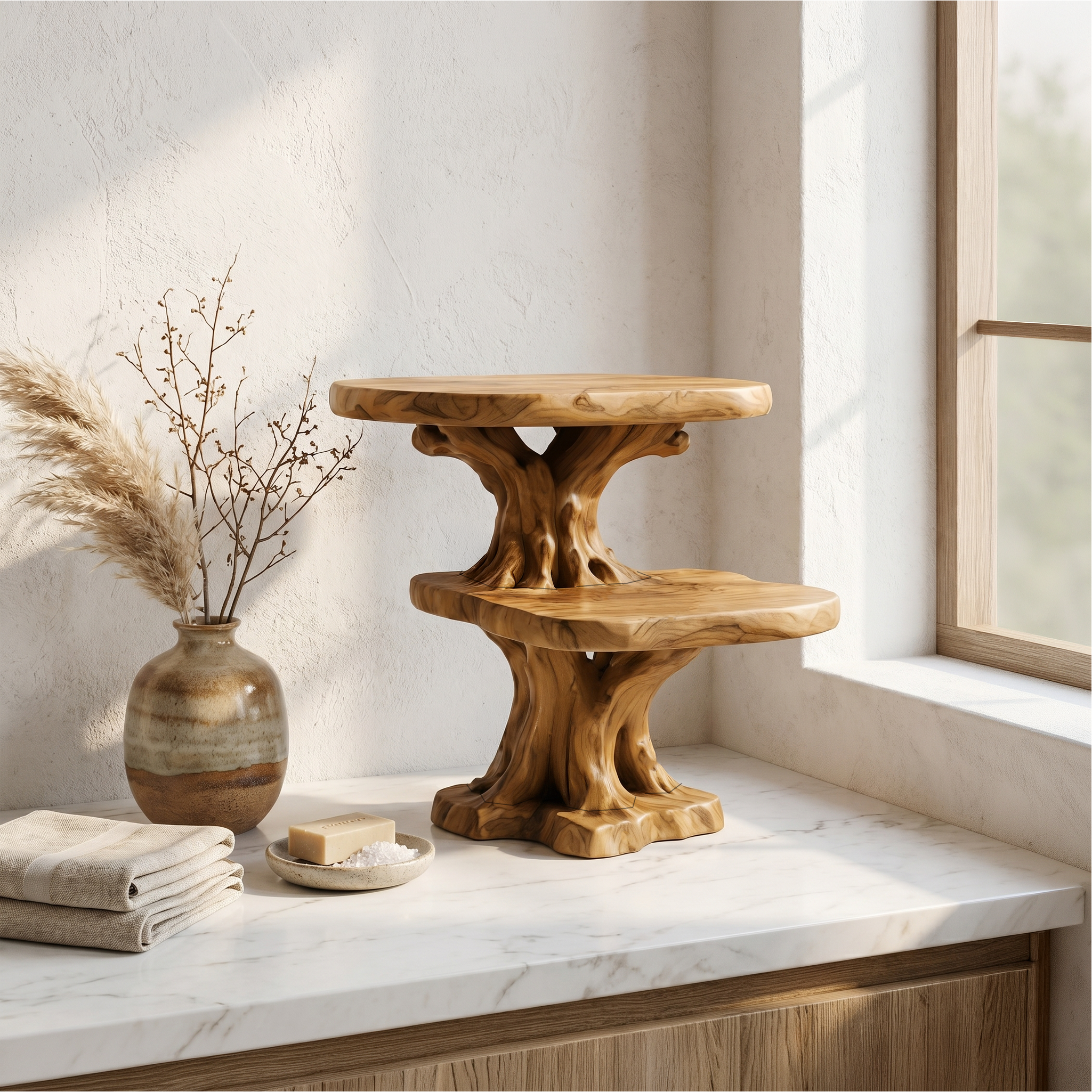 Rustic Tree Bathroom Organizer With Floating Display Shelves SINLSABRD013