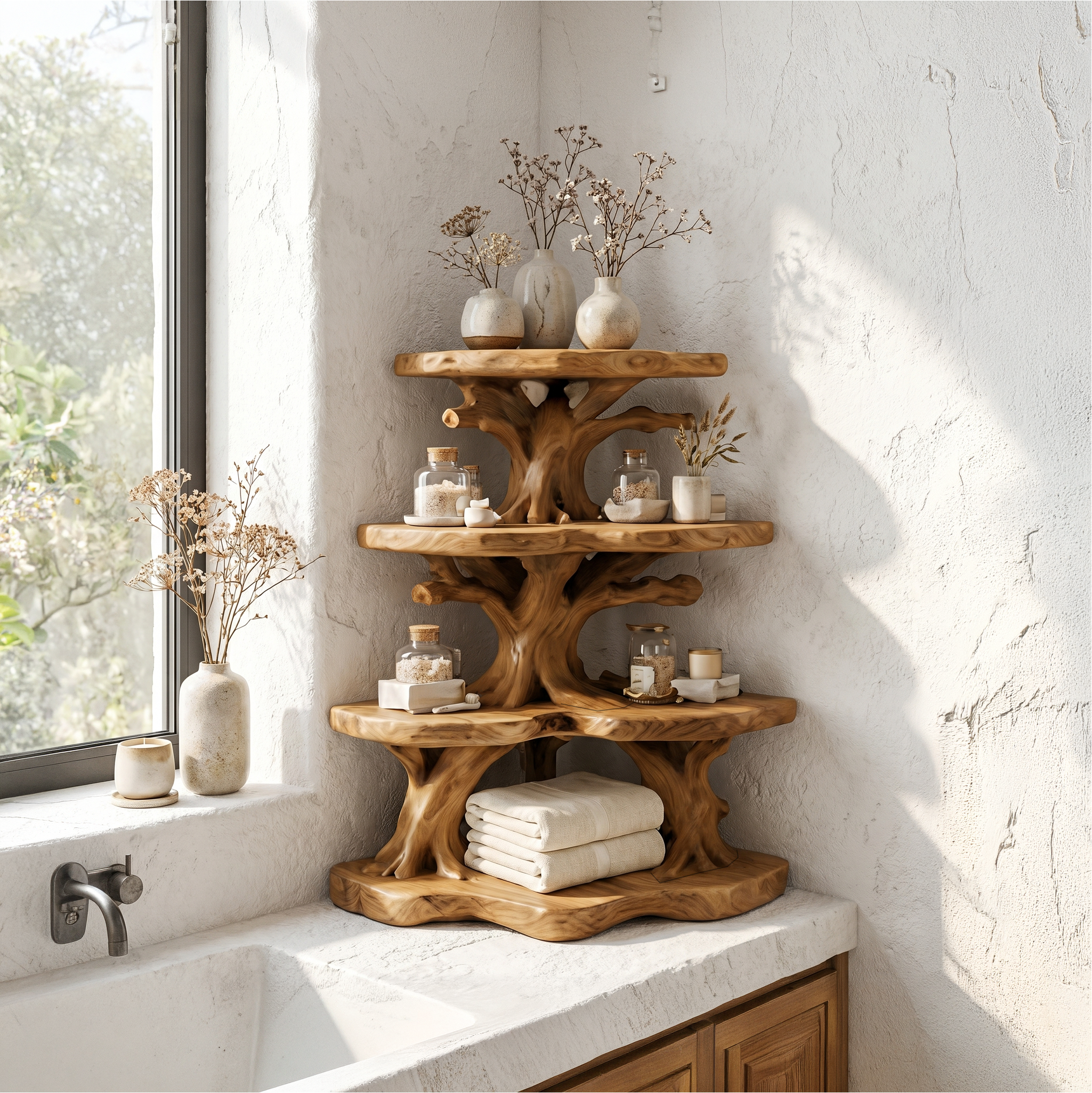 Nature Inspired Corner Bathroom Shelf With Decorative Storage For Bathroom SINLSABRD016