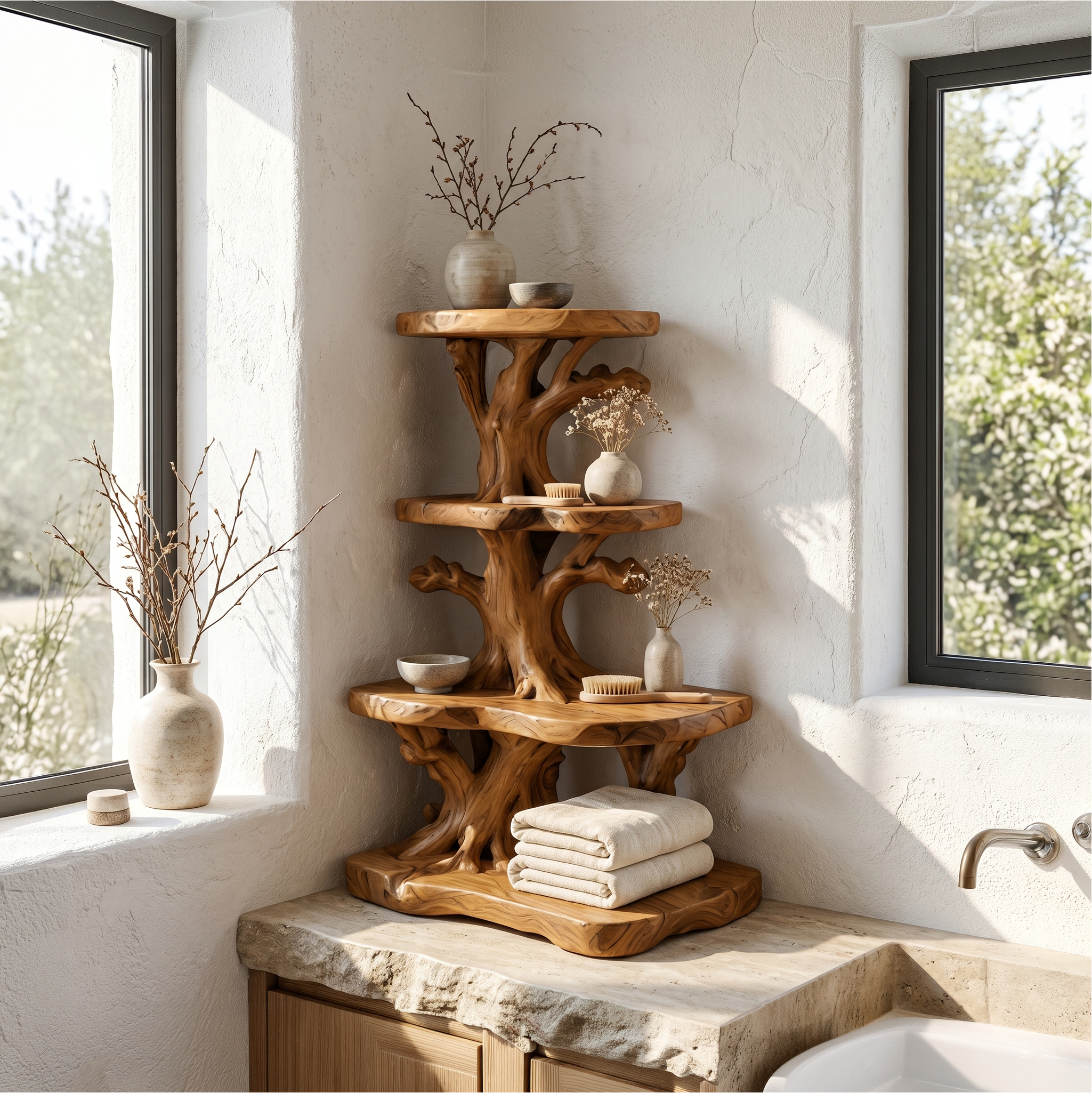 Organic Bathroom Shelf Corner With Floating Display Shelves And Vanity Storage SINLSABRD020