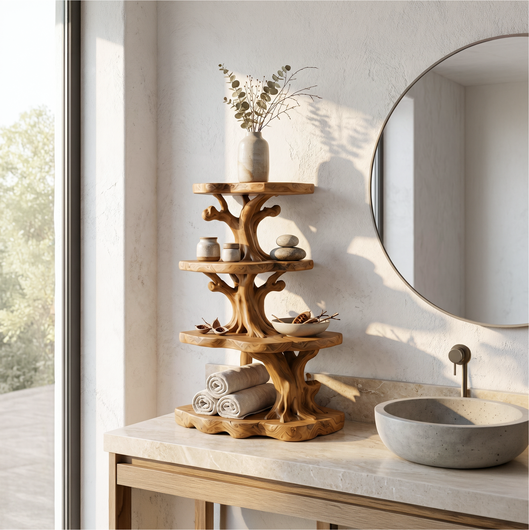 Handcrafted Wooden Bathroom Shelf With Nature Inspired Design For Bathroom SINLSABRD021