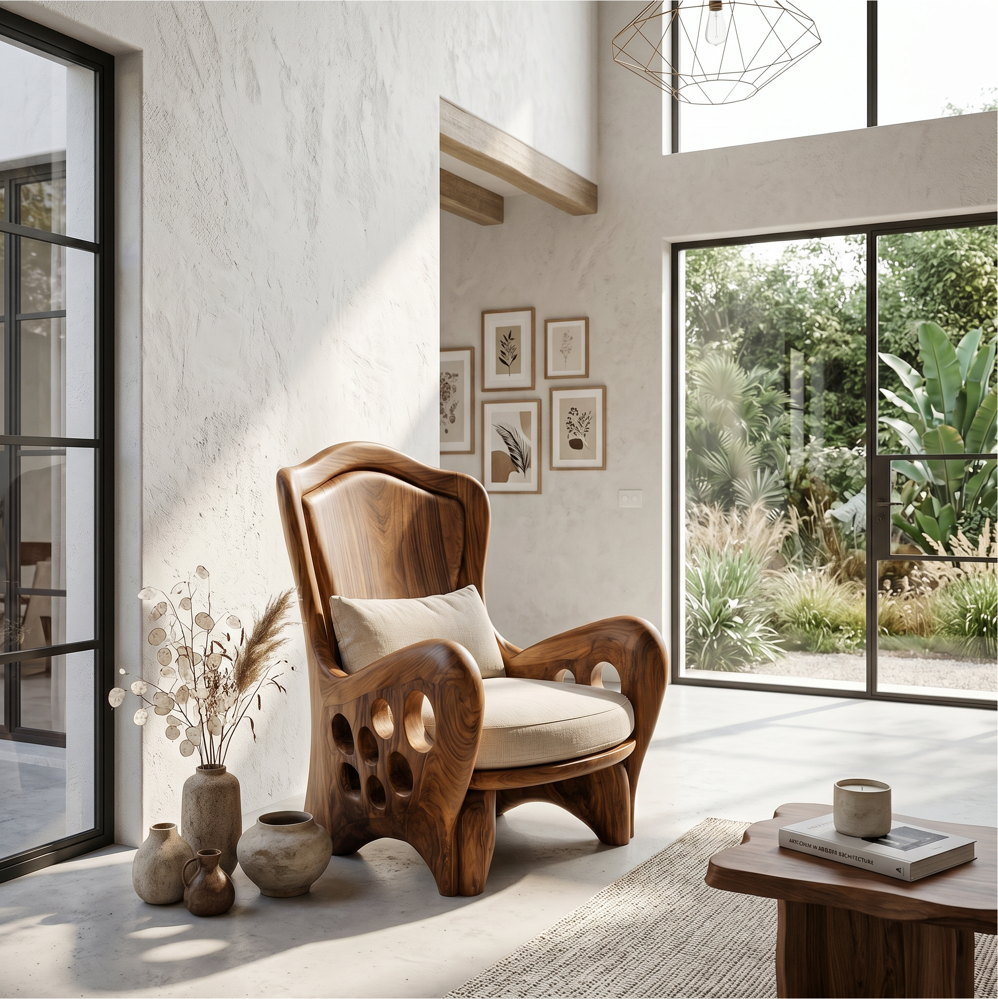 Organic Armchair With Sculptural Wood Frame For Living Room And Reading Nook SINLSAAC019