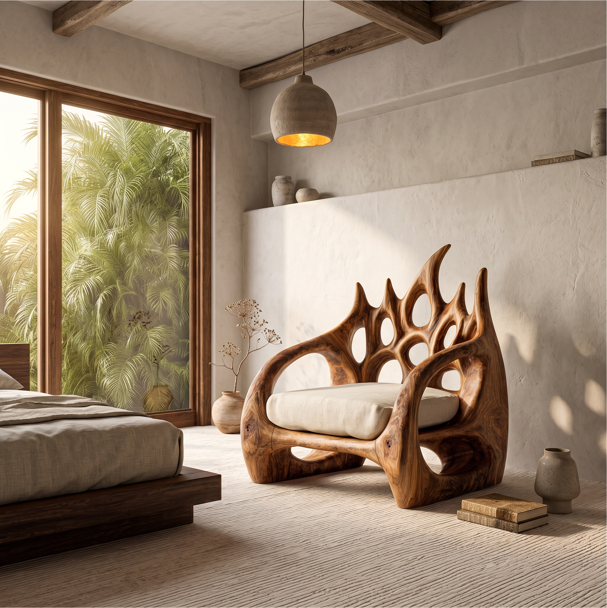 Contemporary Armchair With Organic Wood Silhouette For Living Room Decor SINLSA021