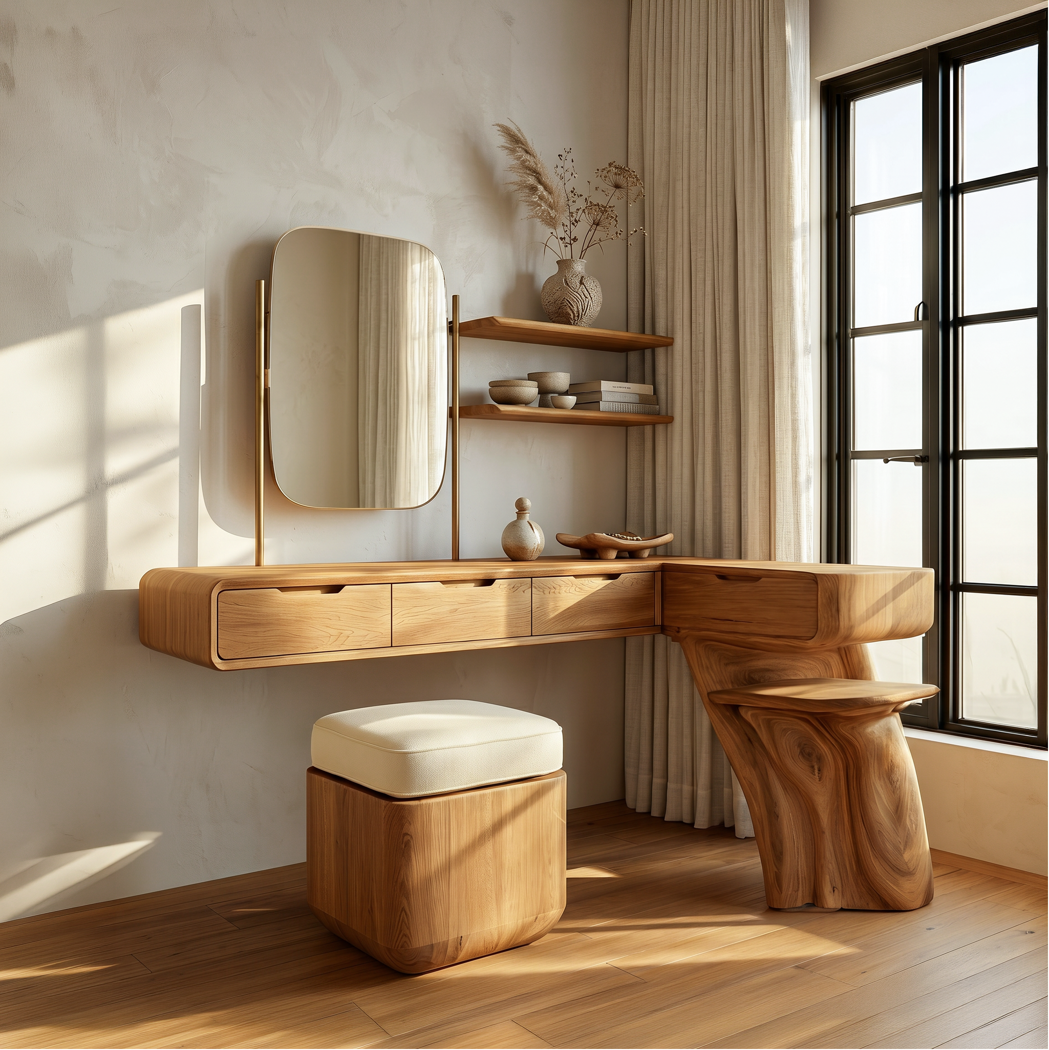 Nature Inspired Dressing Table With Sculptural Wood Design For Bedroom SINLSABDT085