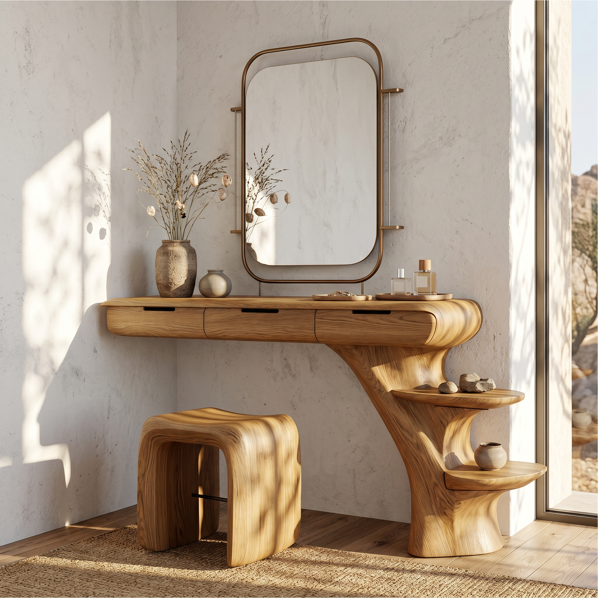 Sculptural Dressing Table With Open Storage Shelves For Bedroom SINLSABDT086