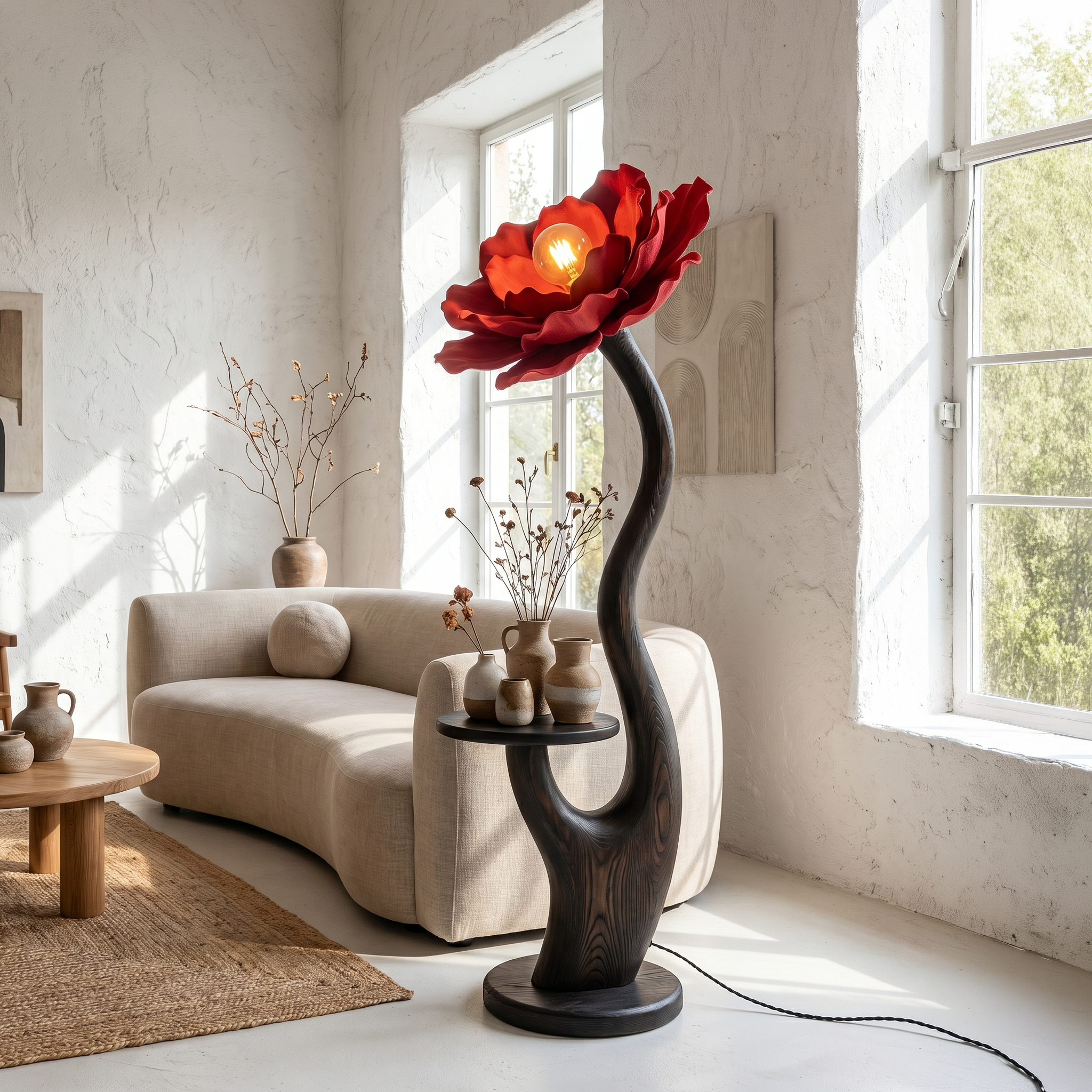 Organic Floor Lamp With Built In Bedside Table And Flower Shade For Living Room SINLSAFLP122